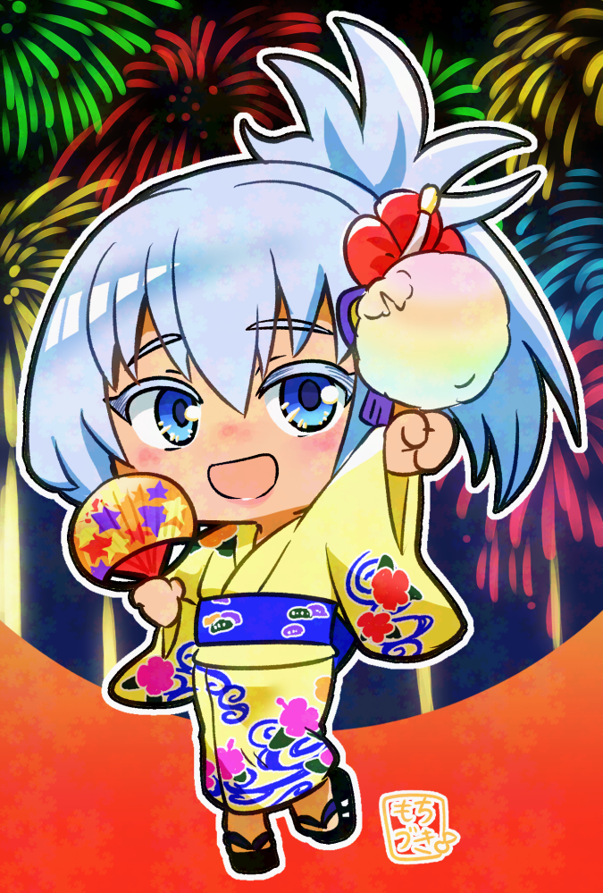 matsuri (rune factory), rune factory, rune factory: guardians of azuma, 1girl, blue eyes, blue hair, chibi, chibi only, cotton candy, flower, hair flower, hair ornament, hand fan, hibiscus, high ponytail, holding, holding fan, japanese clothes, kimono, moti zuki, official alternate costume, ponytail, red flower, yellow kimono, yukata