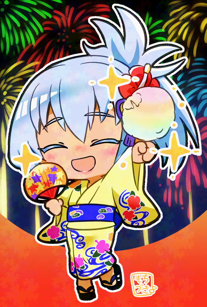 matsuri (rune factory), rune factory, rune factory: guardians of azuma, 1girl, blue hair, chibi, chibi only, closed eyes, cotton candy, flower, hair flower, hair ornament, hand fan, hibiscus, high ponytail, holding, holding fan, japanese clothes, kimono, moti zuki, official alternate costume, ponytail, red flower, yellow kimono, yukata