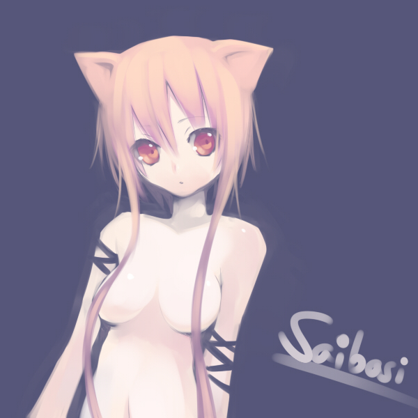 saibashi, animal ears, cat ears, censored, convenient censoring, nude, orange eyes, orange hair, ribbon, solo