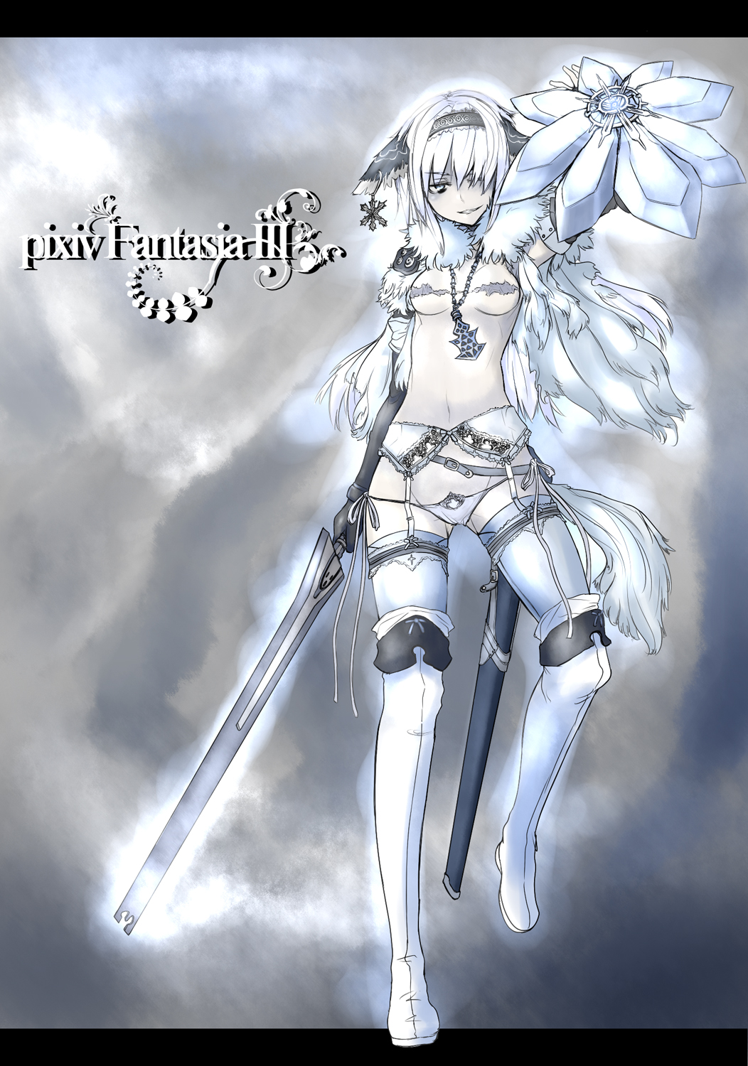 sigama, pixiv fantasia, pixiv fantasia 3, fur, bad id, bad pixiv id, highres, 1girl, animal ears, armor, fantasy, female focus, gigandal federation, jewelry, lingerie, necklace, panties, scar, shield, side-tie panties, solo, sword, thighhighs, underwear, weapon, white hair