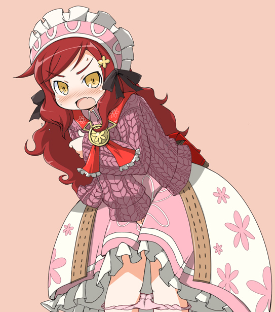naitou kouse, healer (7th dragon), rosary (7th dragon), 7th dragon, 7th dragon (series), 1girl, blush, fang, female focus, hair ornament, hairclip, hat, long hair, orange eyes, panties, panty pull, red hair, solo, underwear