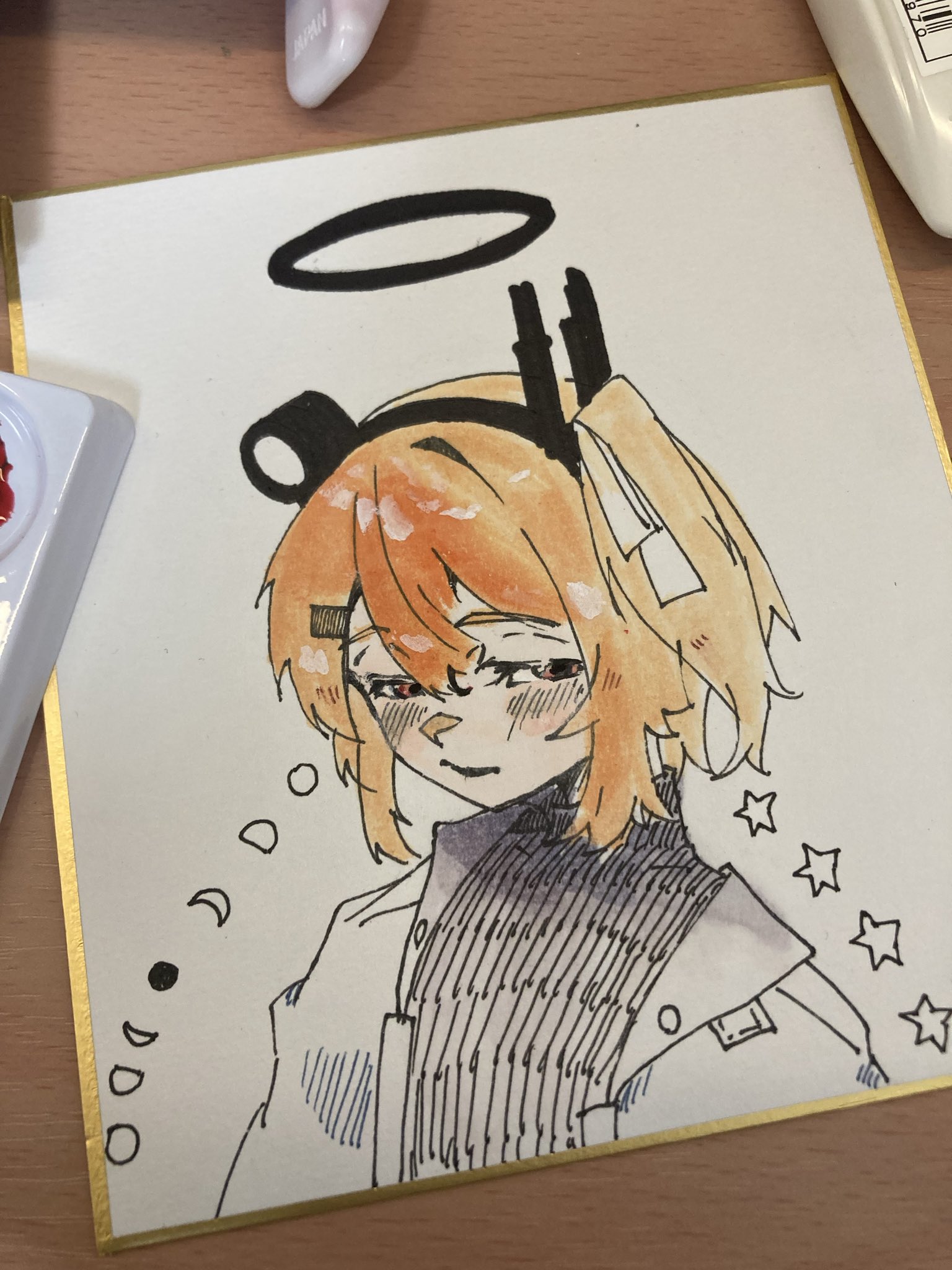 senri (hrydy o), adachi rei, a.i. voice, utau, highres, painting (medium), traditional media, watercolor (medium), 1girl, halo, hatching (texture), headlamp, jacket, medium hair, moon phases, one side up, open clothes, open jacket, orange eyes, orange hair, shikishi, solo, star (symbol)