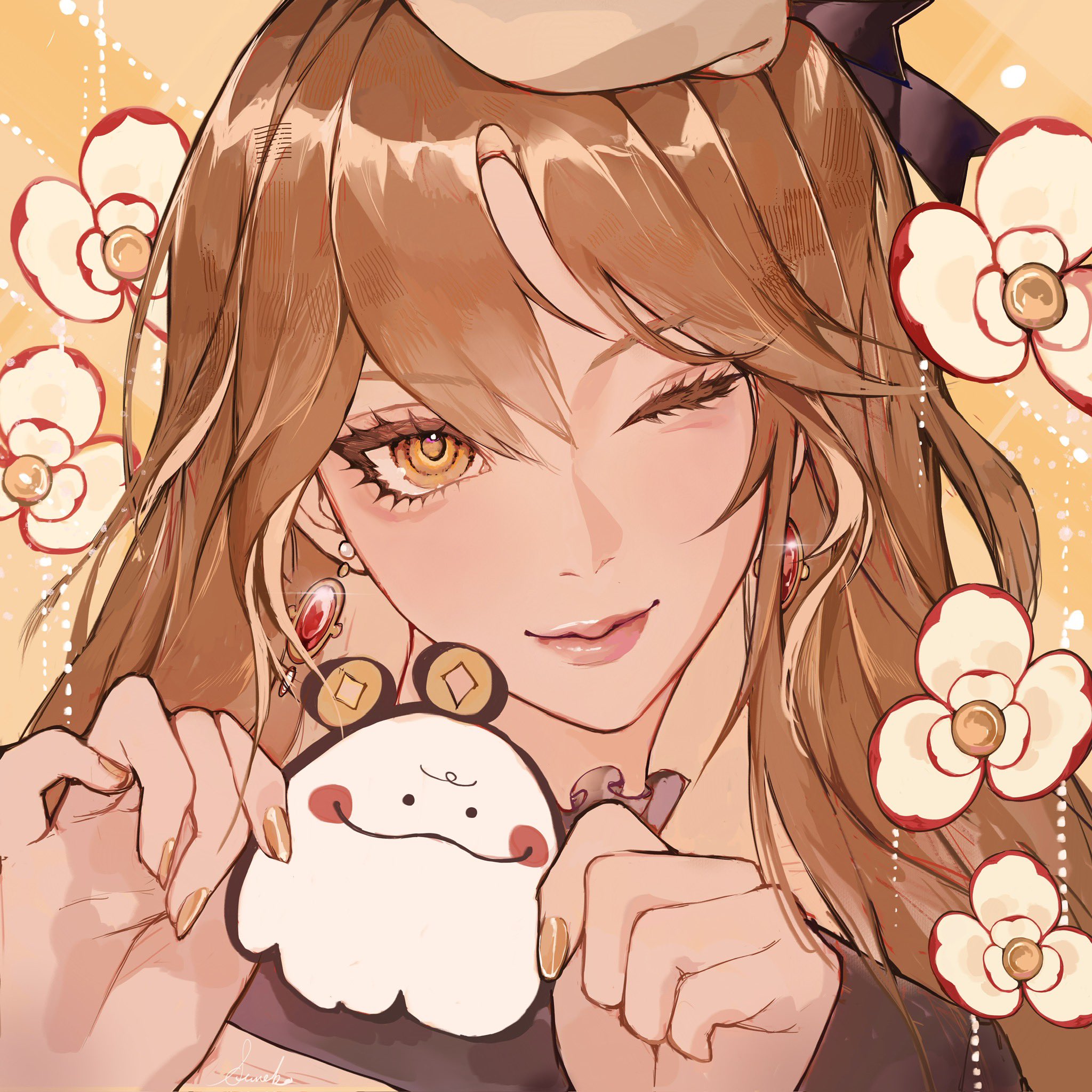 sumi (suumiko ), commentary, commission, copyright request, highres, 1girl, brown eyes, brown hair, closed mouth, earrings, fingernails, flower, gold nails, hat, head tilt, holding, jewelry, long sleeves, looking at viewer, nail polish, one eye closed, parted bangs, pink lips, solo, thick eyelashes, white flower