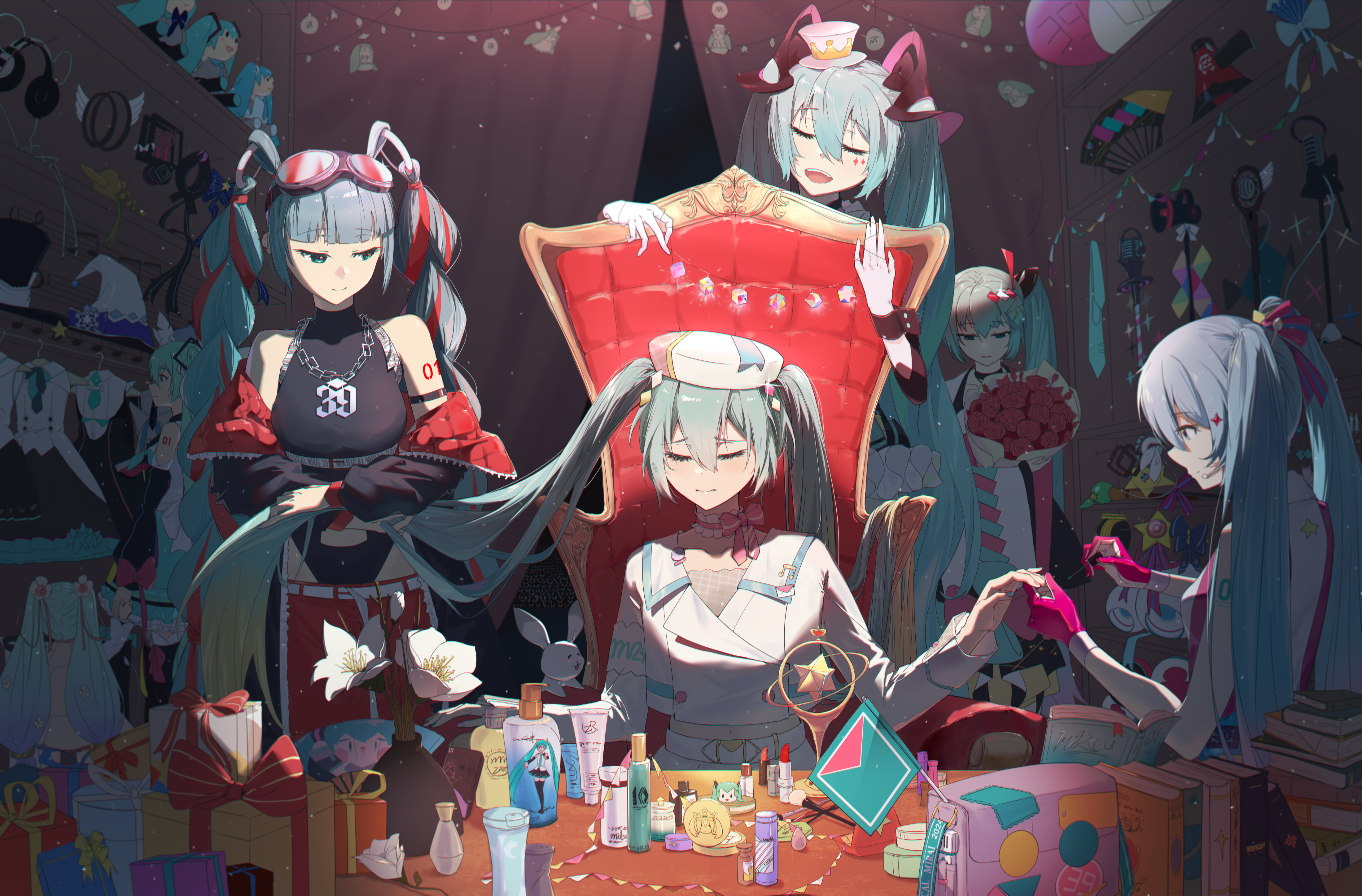 fuwapuchi, user dmn7126, hatsune miku, hatsune miku (blue archive), magical mirai miku, magical mirai miku (2013), magical mirai miku (2014), magical mirai miku (2015), magical mirai miku (2016), magical mirai miku (2017), magical mirai miku (2018), magical mirai miku (2019), magical mirai miku (2020 summer), magical mirai miku (2020 winter), magical mirai miku (2022), magical mirai miku (2023), magical mirai miku (2024), rabbit yukine, yuki miku, yuki miku (2014), yuki miku (2017), yuki miku (2018), yuki miku (2021), magical mirai (vocaloid), vocaloid, absurdres, commentary, english commentary, highres, 39, 6+girls, aqua eyes, aqua hair, arm tattoo, bell, black leotard, bless your breath (vocaloid), blonde hair, blush, bouquet, bow, box, breasts, chain, chain necklace, chair, character doll, closed eyes, closed mouth, cosmetics, cropped jacket, dated commentary, detached hair, diamond hair ornament, doll, flag, flower, gift, gift box, gloves, gradient hair, hair between eyes, hat, holding, jacket, jewelry, jingle bell, kagura suzu, leotard, long hair, long sleeves, looking at another, medium breasts, midriff, mini hat, mini top hat, multicolored hair, multiple girls, multiple persona, musical note, musical note ornament, musical staff, nail polish bottle, necklace, number tattoo, official alternate costume, official alternate hairstyle, open mouth, pink bow, pink gloves, rabbit, red hair, red jacket, ring hair ornament, sitting, smile, tattoo, top hat, twintails, very long hair, white flower, white hat, white jacket