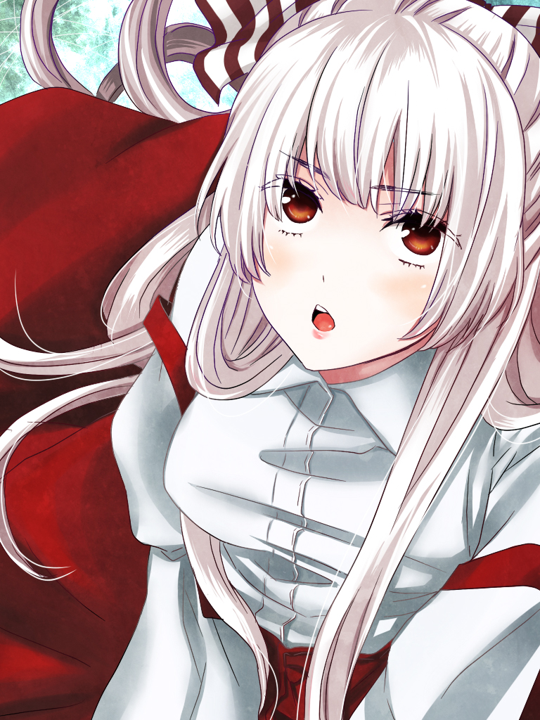 kaji (t69), kazamichi, fujiwara no mokou, touhou, bad id, bad pixiv id, 1girl, blush, bow, dress shirt, female focus, hair bow, japanese clothes, long hair, miko, pants, red eyes, shirt, solo, suspenders, very long hair, white hair