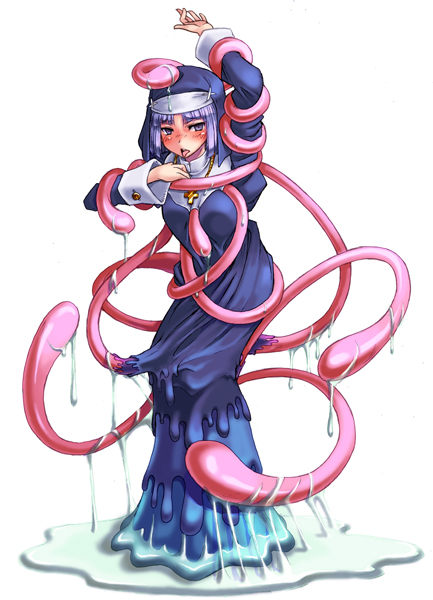kenkou cross, roper, roper (monster girl encyclopedia), monster girl encyclopedia, original, tied up, bad id, bad pixiv id, official art, revision, 1girl, blush, bound, cross, female focus, living clothes, monster girl, nun, purple eyes, purple hair, robe, simple background, slime girl, solo, tentacles, white background