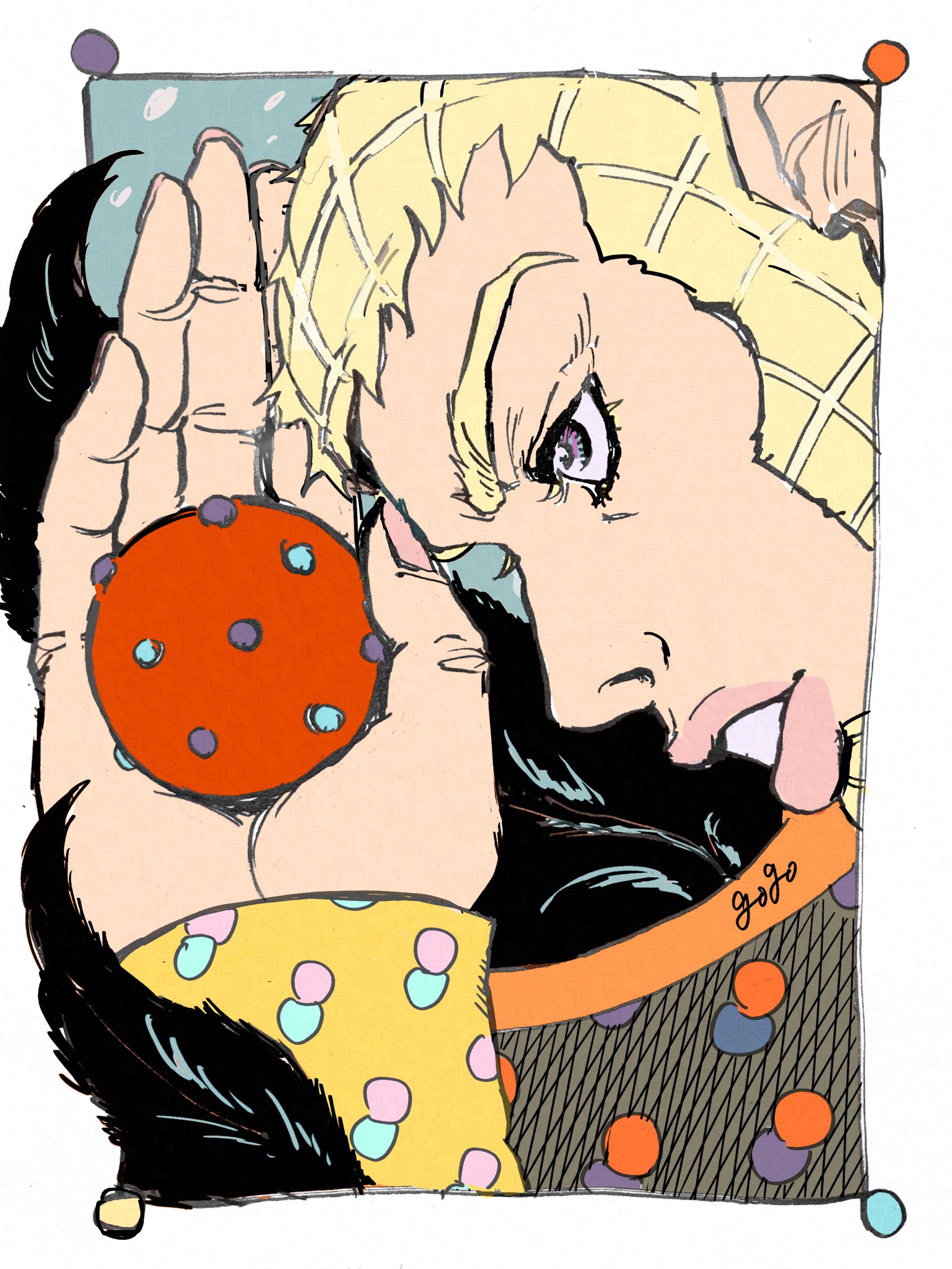 wekapipo, jojo no kimyou na bouken, steel ball run, commentary request, highres, 1boy, ball, blonde hair, feathers, gogosoftmachine, hatching (texture), holding, holding ball, long sleeves, male focus, oekaki, parted lips, pink lips, pink nails, purple eyes, shirt, short hair, solo, steel ball (jojo), teeth, tegaki, whiskers, yellow shirt