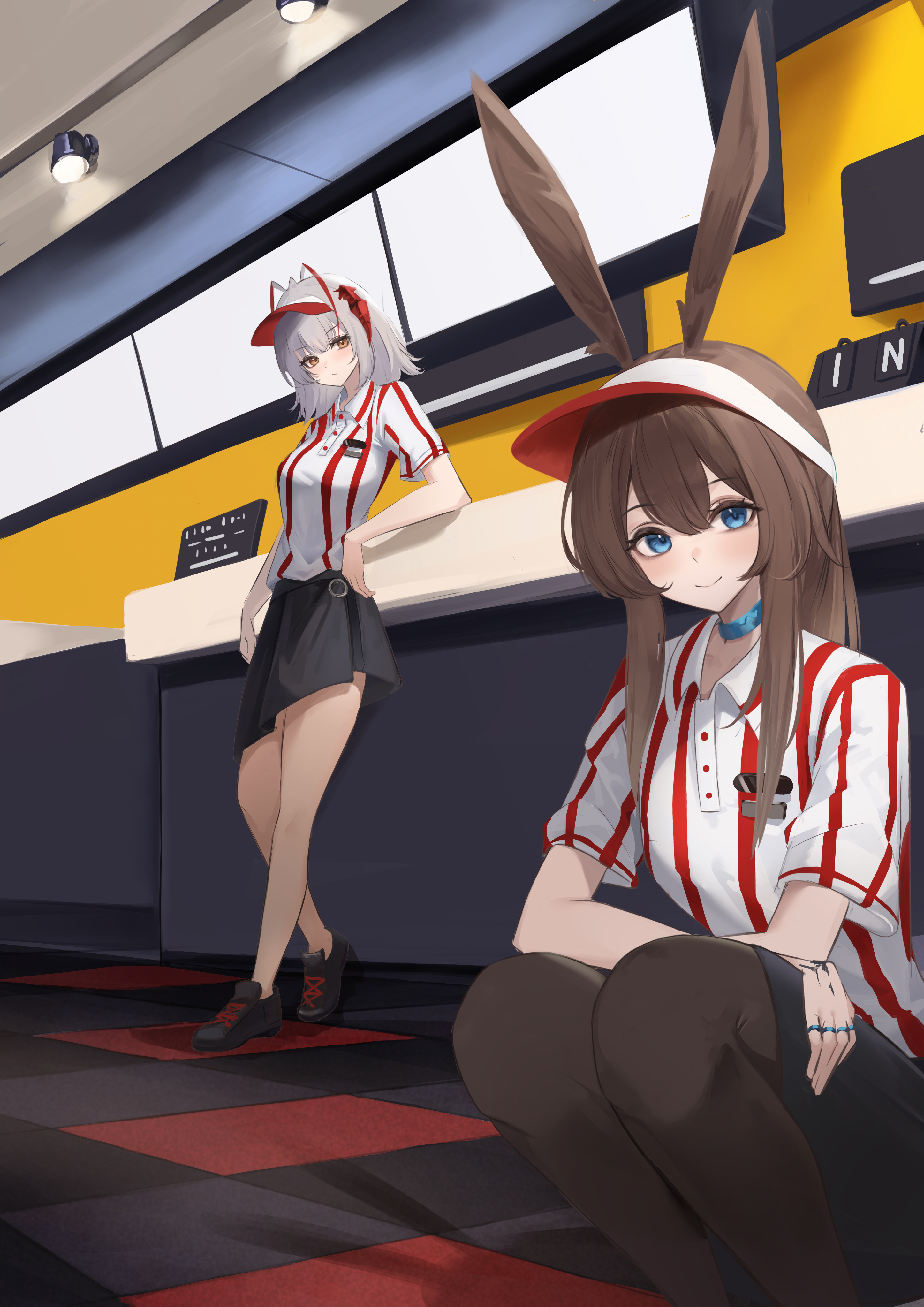 remapack77, amiya (arknights), w (arknights), arknights, absurdres, highres, 2girls, animal ears, antenna hair, black skirt, blue choker, blue eyes, brown hair, brown pantyhose, buttons, checkered floor, choker, closed mouth, collared shirt, counter, crossed arms, employee uniform, fast food uniform, grey hair, hair between eyes, indoors, jewelry, long hair, looking at viewer, medium hair, miniskirt, multicolored hair, multiple girls, multiple rings, pantyhose, pleated skirt, polo shirt, red hair, red shirt, ring, shirt, short sleeves, skirt, smile, squatting, standing, streaked hair, striped clothes, striped shirt, vertical-striped clothes, vertical-striped shirt, visor cap, white shirt, yellow eyes