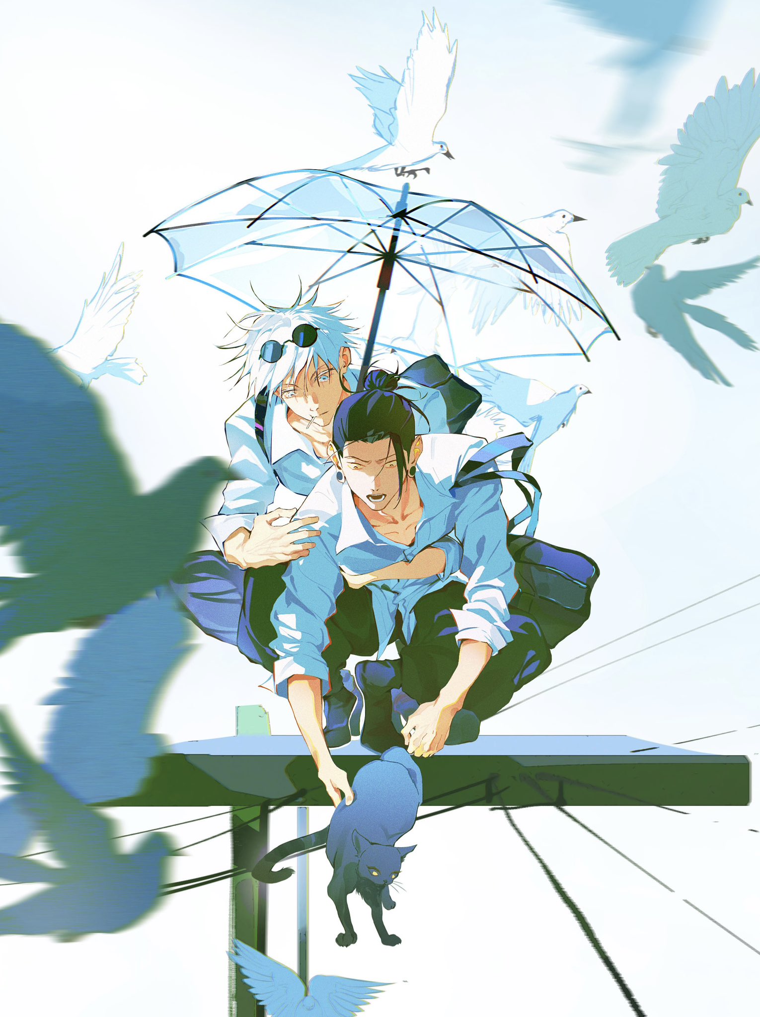 sherniaote, getou suguru, gojou satoru, jujutsu kaisen, hashtag-only commentary, highres, 2boys, backpack, bag, bird, black cat, black hair, blue eyes, cat, collared shirt, dove, ear piercing, eyewear on head, hair bun, hair pulled back, hug, hug from behind, lollipop in mouth, male focus, multiple boys, one-armed hug, piercing, plug (piercing), round eyewear, shirt, short hair, single hair bun, squatting, umbrella, white hair, white shirt, yaoi