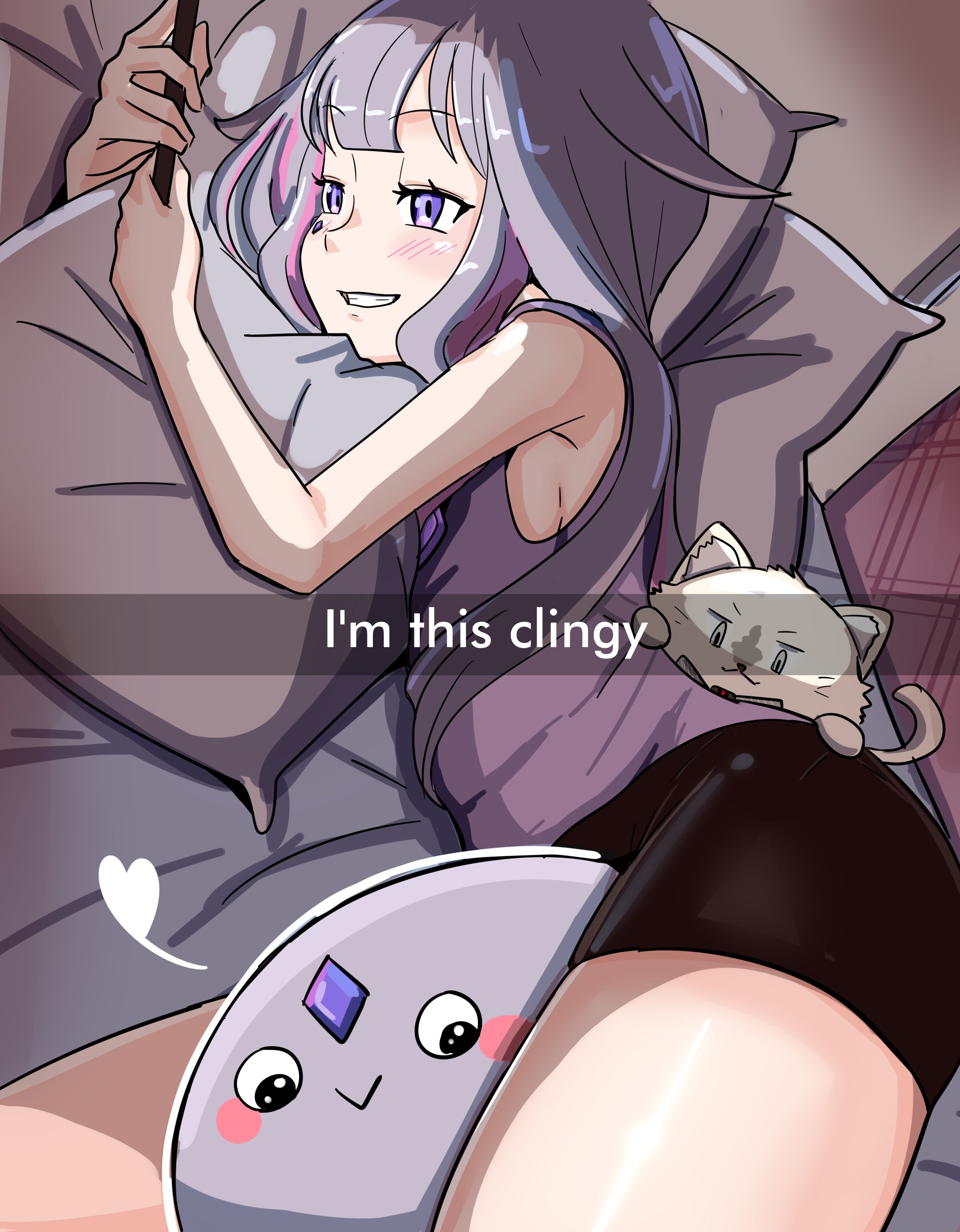 shadowsky exe, john cat (koseki bijou), koseki bijou, pebble (koseki bijou), hololive, hololive english, absurdres, highres, 1girl, cat, english text, gem, grey hair, head between thighs, holding, holding phone, i'm this clingy (meme), jewel under eye, long hair, meme, multicolored hair, phone, pillow, purple eyes, purple hair, smile, virtual youtuber