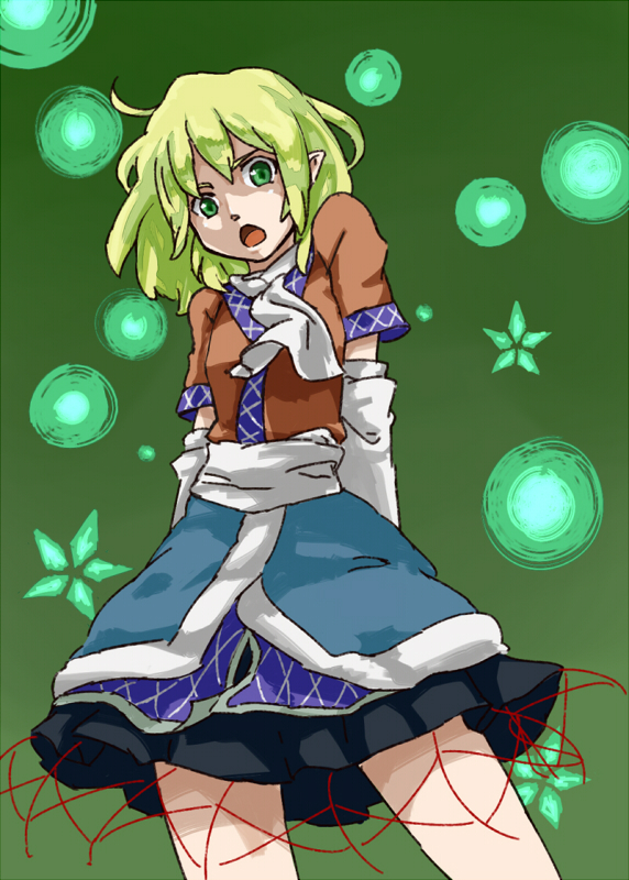 shibasaki shouji, mizuhashi parsee, touhou, bad id, bad pixiv id, 1girl, blonde hair, female focus, green eyes, solo