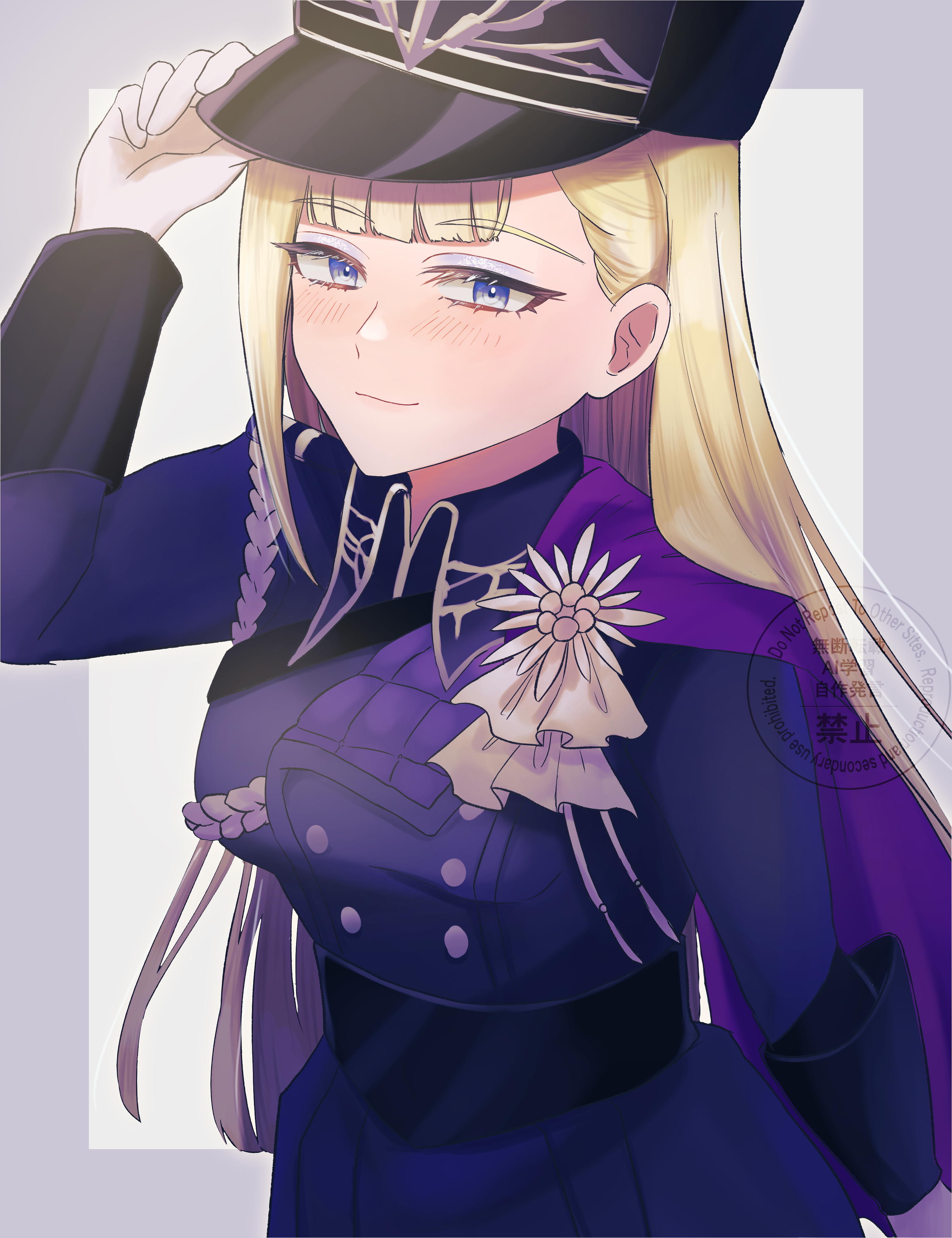 rune factory, rune factory: guardians of azuma, absurdres, highres, 1girl, black coat, black hat, blonde hair, blue eyes, blue eyeshadow, clarice (rune factory), coat, eyeshadow, hair behind ear, hat, long hair, looking at viewer, makeup, military uniform, mimiko (nekonekomiruo), side cape, smile
