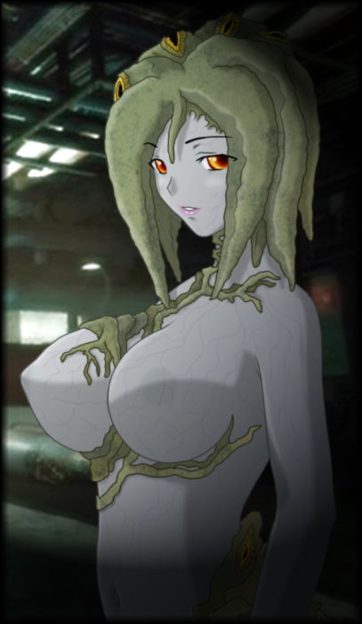 alexia ashford, resident evil, resident evil – code: veronica, 1girl, breasts, colored skin, female focus, green hair, grey skin, large breasts, orange eyes, smile, solo