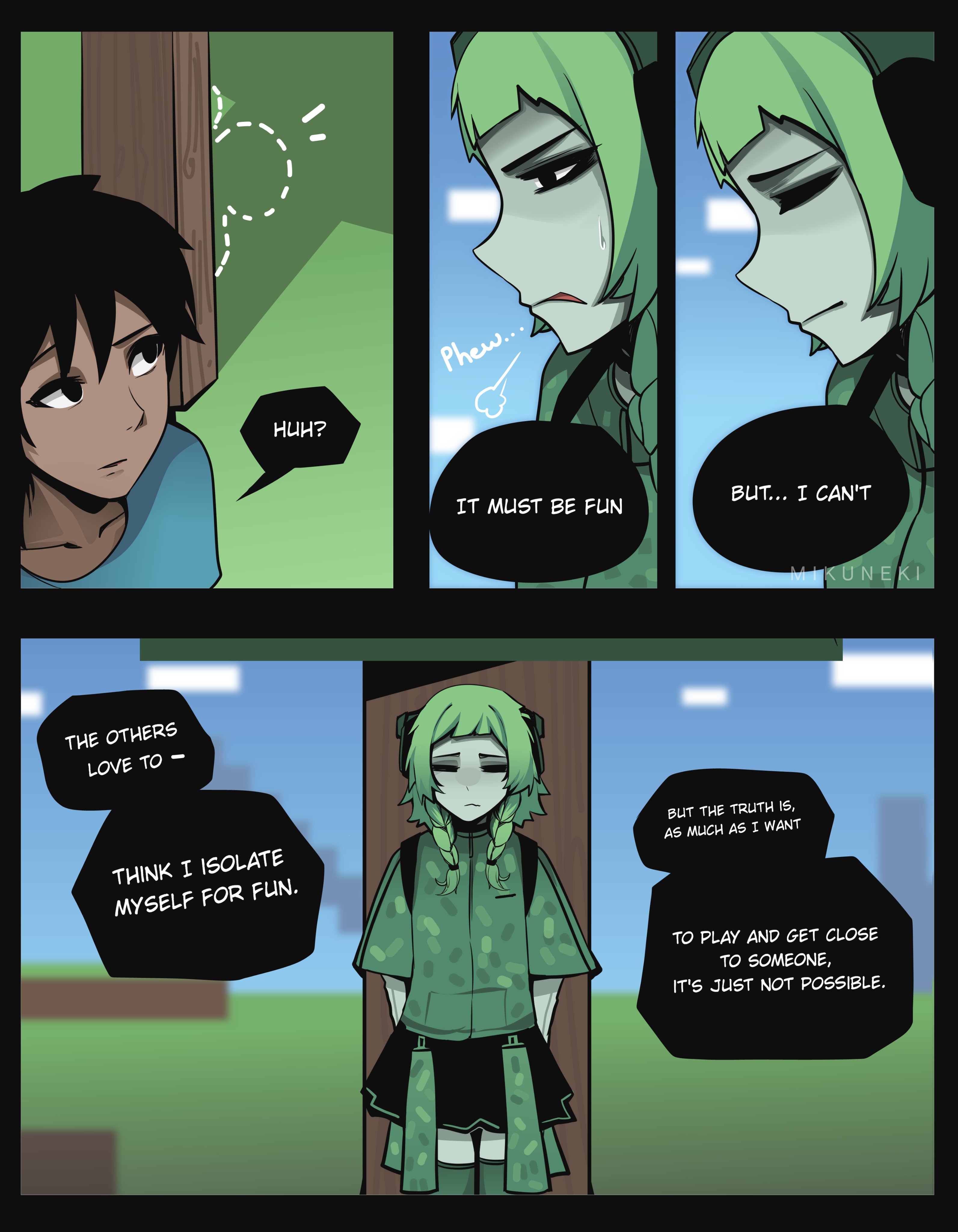 mikuneki, creeper, steve (minecraft), minecraft, original, absurdres, commentary, english commentary, highres, 1boy, 1girl, arms behind back, artist name, black border, black eyes, black hair, black skirt, border, braid, choppy bangs, closed eyes, closed mouth, colored skin, dark-skinned male, dark skin, english text, green hair, green shirt, green skin, medium hair, miniskirt, personification, puff of air, shirt, short hair, skirt, speech bubble, sweatdrop, tree, twin braids