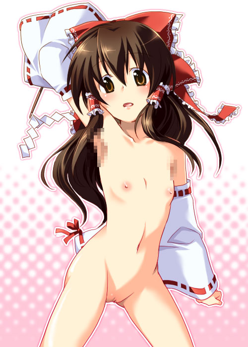 onemu, hakurei reimu, touhou, bad id, bad pixiv id, has uncensored version, 1girl, arm up, armpits, blush, bow, brown eyes, brown hair, censored, detached sleeves, fake censor, female focus, flat chest, gohei, hair bow, japanese clothes, long hair, miko, navel, nipples, nude, pointless censoring, pussy, solo