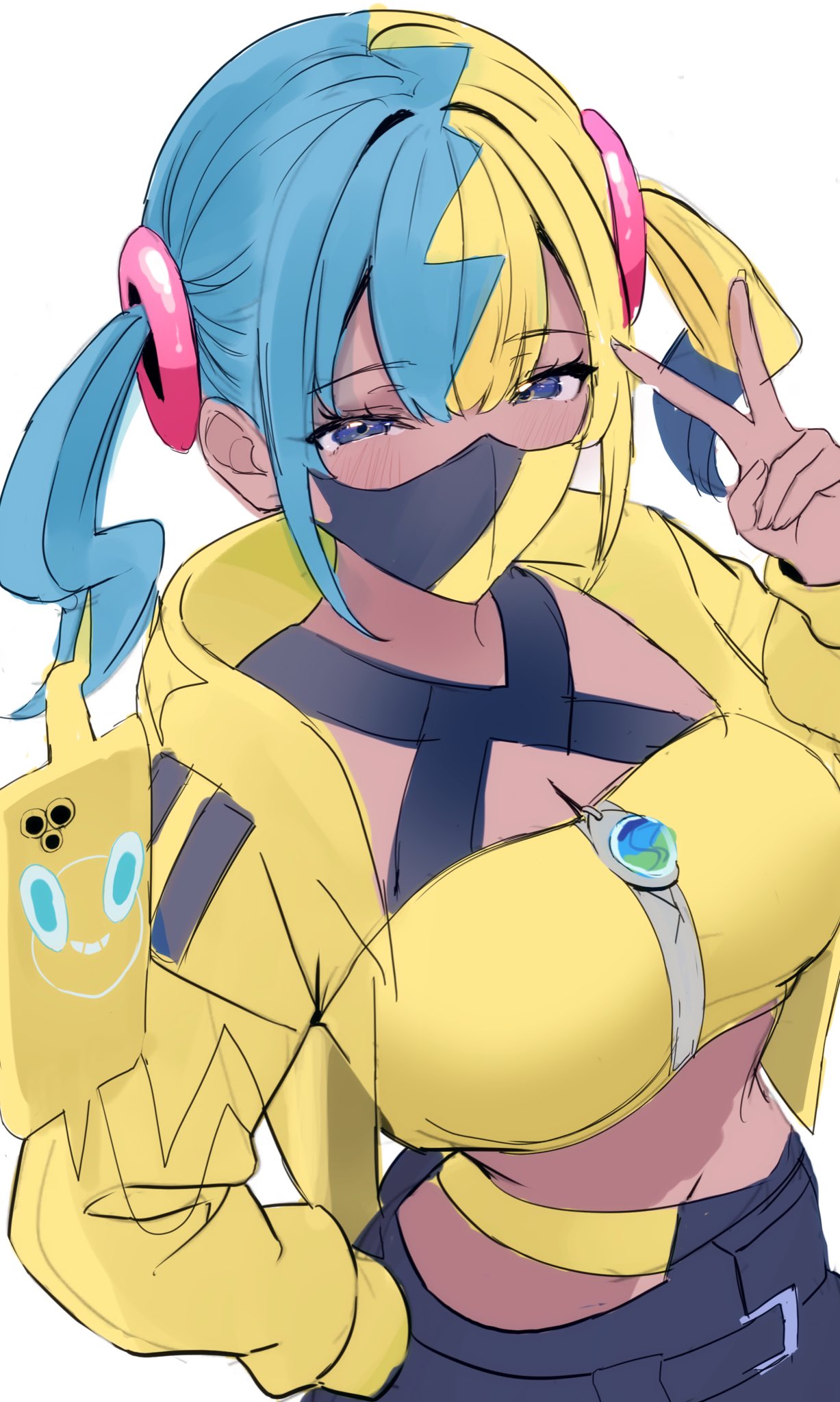 nakano kura, canari (pokemon), rotom, rotom phone, nintendo, pokemon, pokemon legends: z-a, highres, 1girl, aqua hair, bandeau, belt, black mask, blonde hair, blue eyes, breasts, center-flap bangs, cleavage, criss-cross halter, crop top, curly sidelocks, fake hair bun, gen 4 pokemon, halterneck, jacket, large breasts, mask, mega ring, mega stone, midriff, mouth mask, multicolored hair, navel, pants, short twintails, simple background, split-color hair, stomach, twintails, two-tone hair, two-tone mask, v, white background, yellow bandeau, yellow jacket, yellow mask
