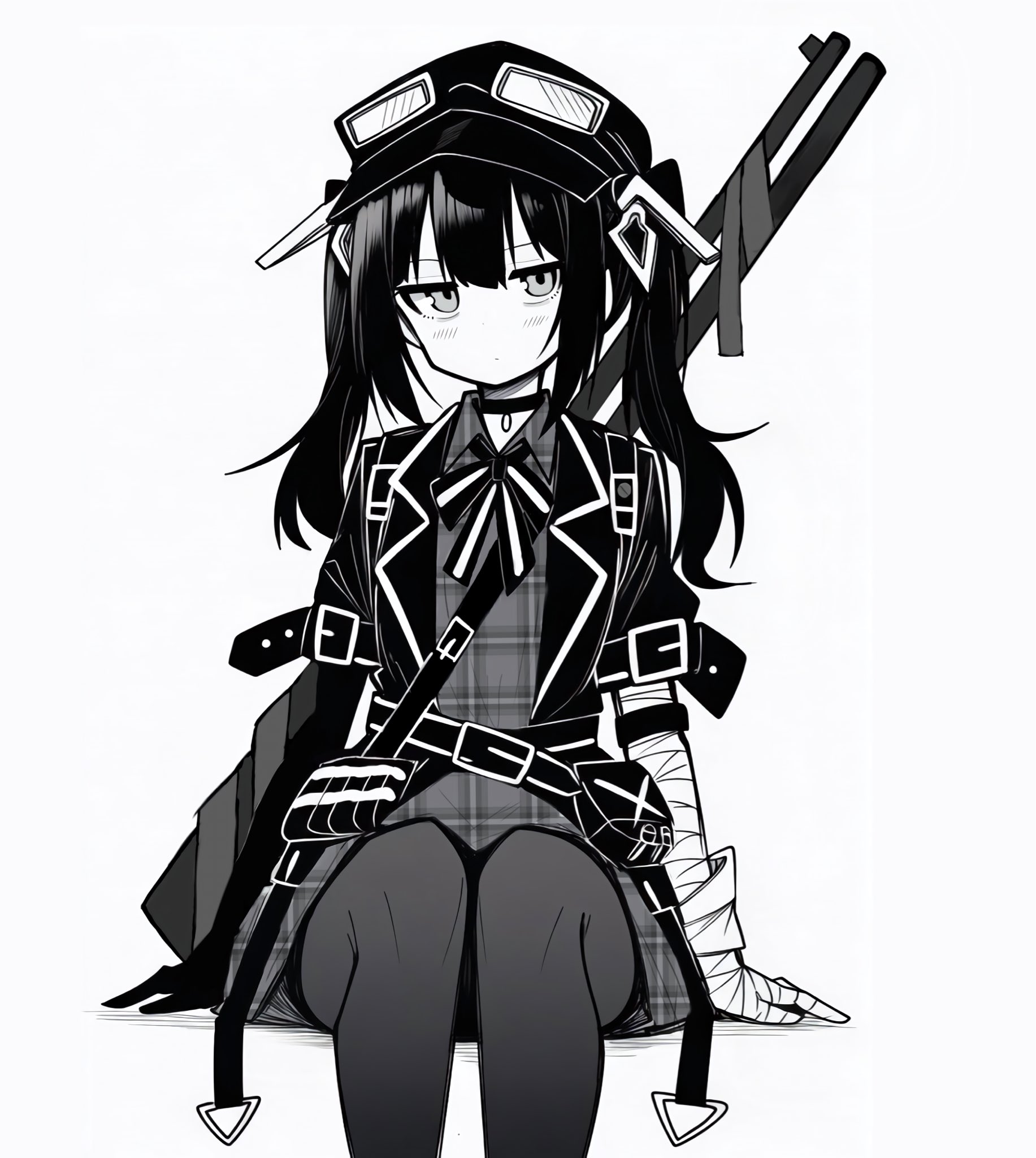 makigirisu, mahou shoujo no majo saiban, commentary, highres, 1girl, bandaged arm, bandaged hand, bandages, belt, belt buckle, blazer, blush, bow, bowtie, buckle, choker, closed mouth, dot nose, dress, feet out of frame, flat cap, greyscale, hair between eyes, hat, jacket, kurobe nanoka, lapels, long hair, looking at viewer, monochrome, multiple belts, open clothes, open jacket, pantyhose, peaked cap, plaid clothes, plaid dress, simple background, sitting, solo, twintails, unmoving pattern, white background