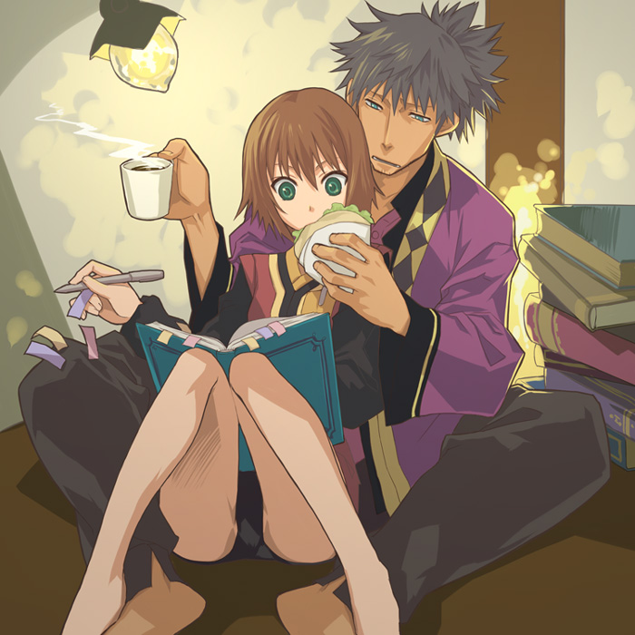 kome (vm500), raven (tales), rita mordio, tales of (series), tales of vesperia, bad id, bad pixiv id, 00s, 1boy, 1girl, barefoot, between legs, bob cut, book, bookmark, couple, cup, drink, eating, feeding, food, hetero, hug, hug from behind, lamp, legs, long legs, mug, open book, panties, pantyshot, pen, reading, sitting, sitting on lap, sitting on person, underwear, wide-eyed