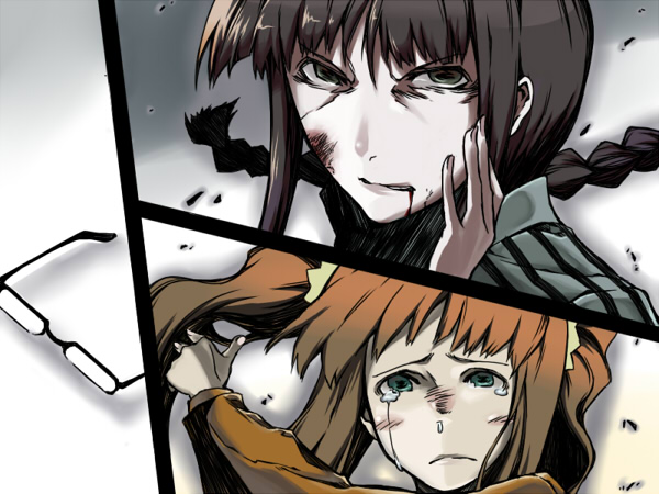 hujiya, akizuki ritsuko, takatsuki yayoi, idolmaster, idolmaster (classic), idolmaster 1, bad id, bad pixiv id, 00s, blood, bruise, glasses, injury, serious, slapping, tears, twintails, violence