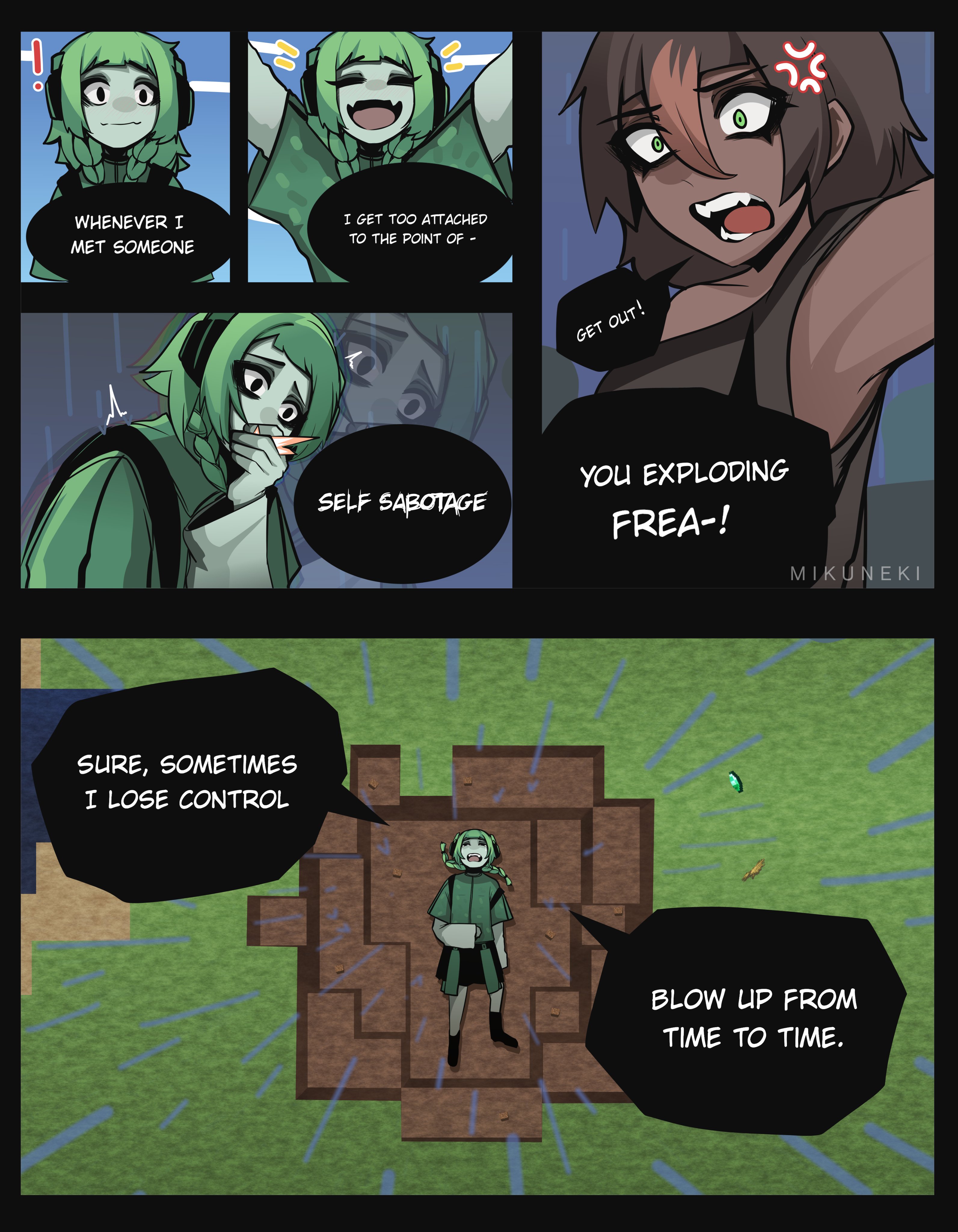 mikuneki, creeper, minecraft, original, absurdres, commentary, english commentary, highres, !, 2girls, after explosion, artist name, black border, black eyes, border, braid, brown hair, colored skin, constricted pupils, covered mouth, covering own mouth, dark-skinned female, dark skin, english text, green eyes, green hair, green shirt, green skin, hair between eyes, hand over own mouth, lying, medium hair, multiple girls, notice lines, on back, on ground, open mouth, personification, shirt, short hair, speech bubble, tree, twin braids