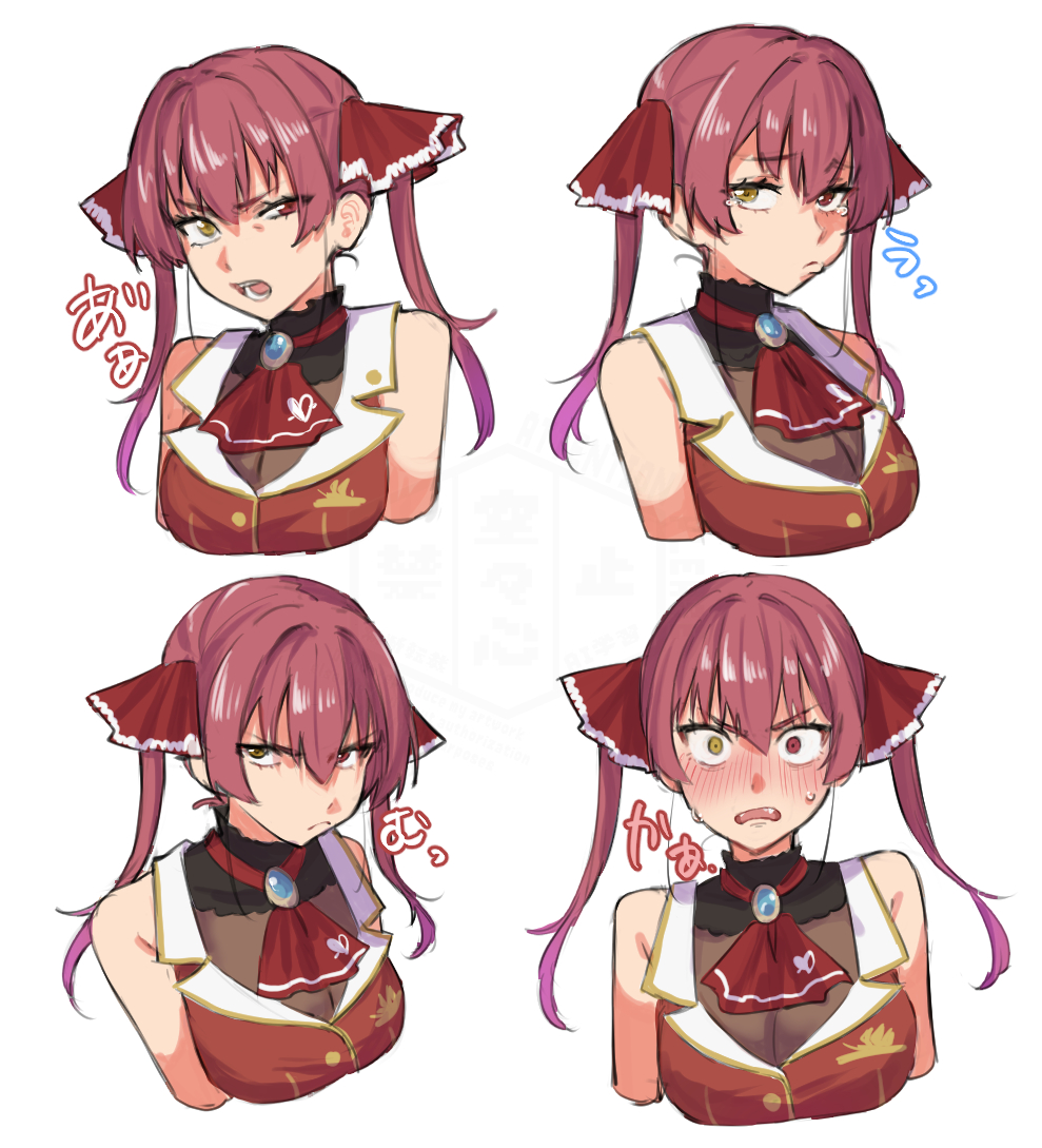 karakr shin, houshou marine, houshou marine (1st costume), hololive, translation request, ascot, blush, hair ribbon, heterochromia, long hair, looking at viewer, multiple expressions, open mouth, red eyes, red hair, ribbon, sleeveless, tears, twintails, virtual youtuber, white background, yellow eyes