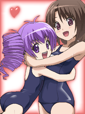 awa, budoko, miyashita misaki, akikan!, lowres, 00s, 2girls, blush, budoku, heart, hug, jaggy lines, multiple girls, oekaki, one-piece swimsuit, open mouth, school swimsuit, swimsuit, yuri