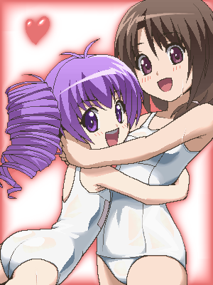 awa, budoko, miyashita misaki, akikan!, lowres, 00s, 2girls, blush, budoku, heart, hug, jaggy lines, multiple girls, oekaki, one-piece swimsuit, open mouth, school swimsuit, swimsuit, white one-piece swimsuit, white school swimsuit, yuri