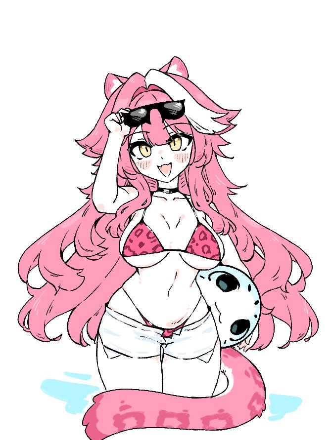 bluenerd8, chattino (raora panthera), raora panthera, hololive, hololive english, commentary, english commentary, 1girl, adjusting eyewear, animal ears, animal print, ball, bare shoulders, beachball, bikini, black-framed eyewear, black choker, blush, breasts, choker, collarbone, fangs, hair intakes, holding, holding ball, large breasts, leopard print, leopard print bikini, long hair, looking at viewer, multicolored hair, navel, open fly, open mouth, panther ears, panther girl, panther tail, pink bikini, pink hair, pink tail, print bikini, shorts, simple background, skin fangs, smile, solo, spot color, stomach, streaked hair, sunglasses, swimsuit, tail, thighs, two-tone hair, virtual youtuber, wading, white background, white hair, white shorts, yellow eyes