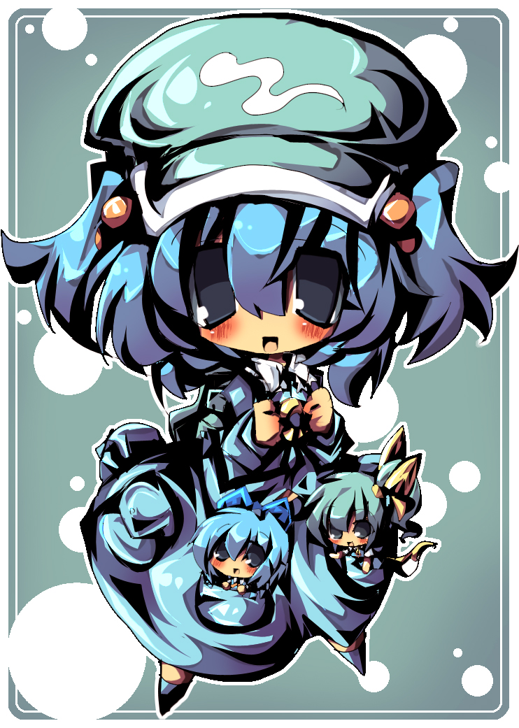 dango mushi, cirno, daiyousei, kawashiro nitori, touhou, 3girls, blush, chibi, female focus, hair bobbles, hair ornament, hat, multiple girls, two side up