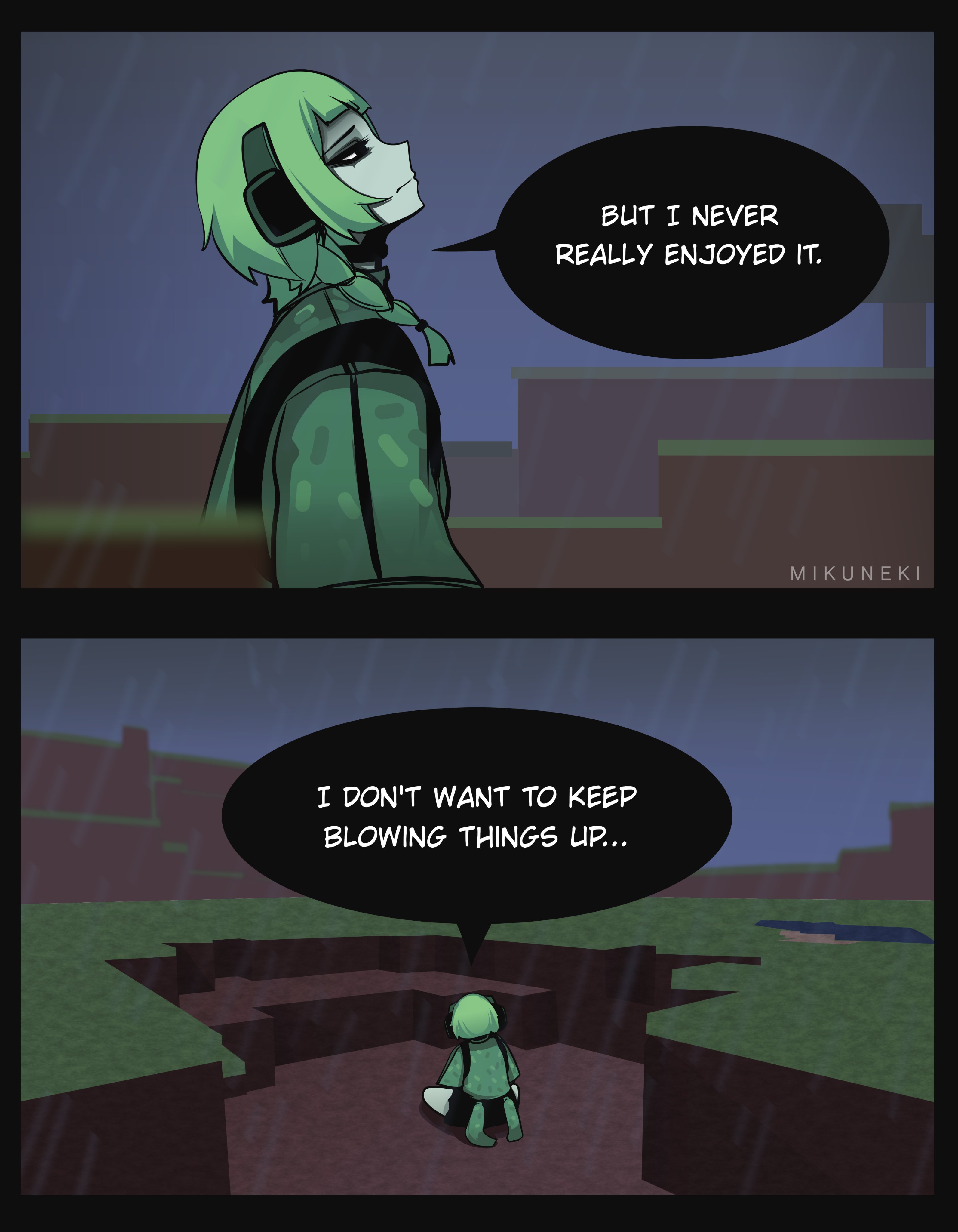 mikuneki, creeper, minecraft, original, absurdres, commentary, english commentary, highres, 1girl, artist name, black border, black eyes, border, braid, closed mouth, colored skin, english text, grass, green hair, green shirt, green skin, looking up, medium hair, on ground, outdoors, personification, rain, sad, shirt, sitting, solo, speech bubble, tree, twin braids