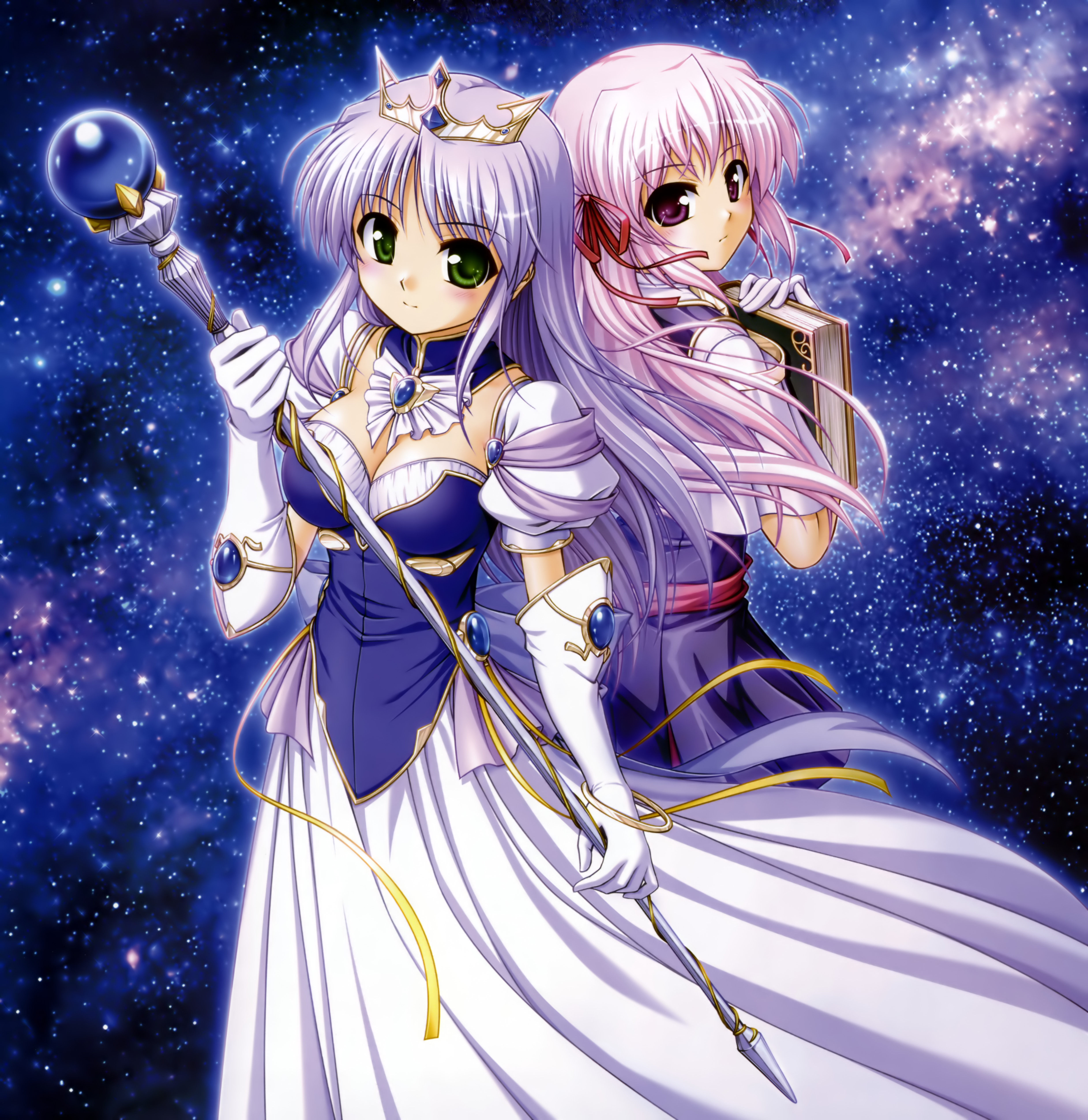 bekkankou, estel freesia, feena fam earthlight, yoake mae yori ruri iro na, absurdres, highres, official art, 2girls, back-to-back, blush, book, breasts, cleavage, crown, dress, elbow gloves, gloves, green eyes, hair ribbon, large breasts, long hair, multiple girls, pink hair, purple eyes, purple hair, ribbon, space, staff, star (symbol), tiara