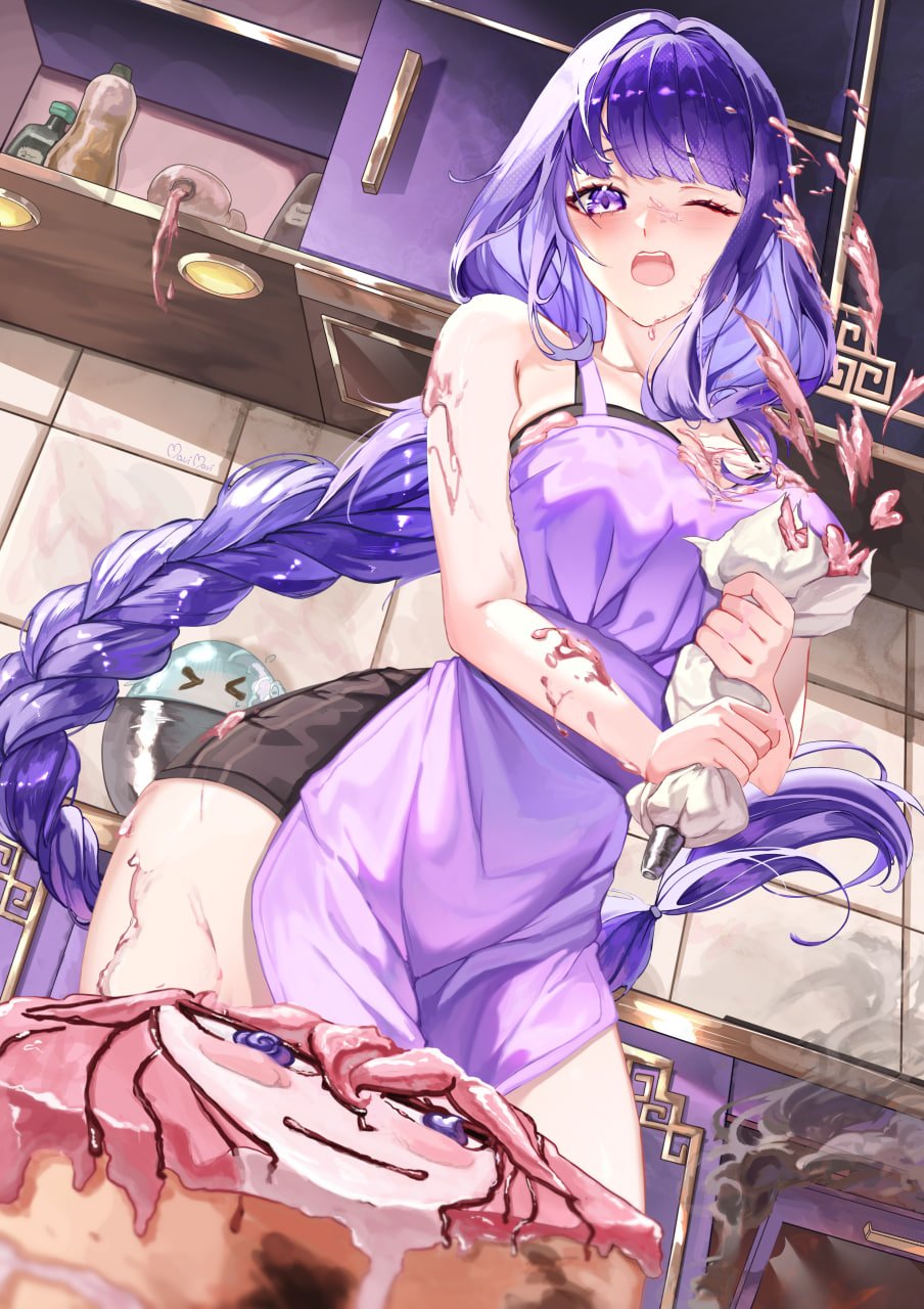 hydro slime (genshin impact), raiden shogun, slime (genshin impact), yae miko, genshin impact, commentary, commission, duplicate, english commentary, highres, 1girl, alternate costume, apron, baking, bare shoulders, black camisole, black shorts, bottle, braid, braided ponytail, breasts, cabinet, cake, camisole, character cake, cleavage, cowboy shot, decorating baked goods, dutch angle, embarrassed, failure, floating hair, food, holding, holding pastry bag, huge breasts, icing, indoors, kitchen, large breasts, long hair, looking at viewer, mavimavi art, one eye closed, open mouth, oven, pastry bag, purple apron, purple eyes, purple hair, shorts, single braid, slime (creature), smoke, solo, tile wall, tiles, very long hair