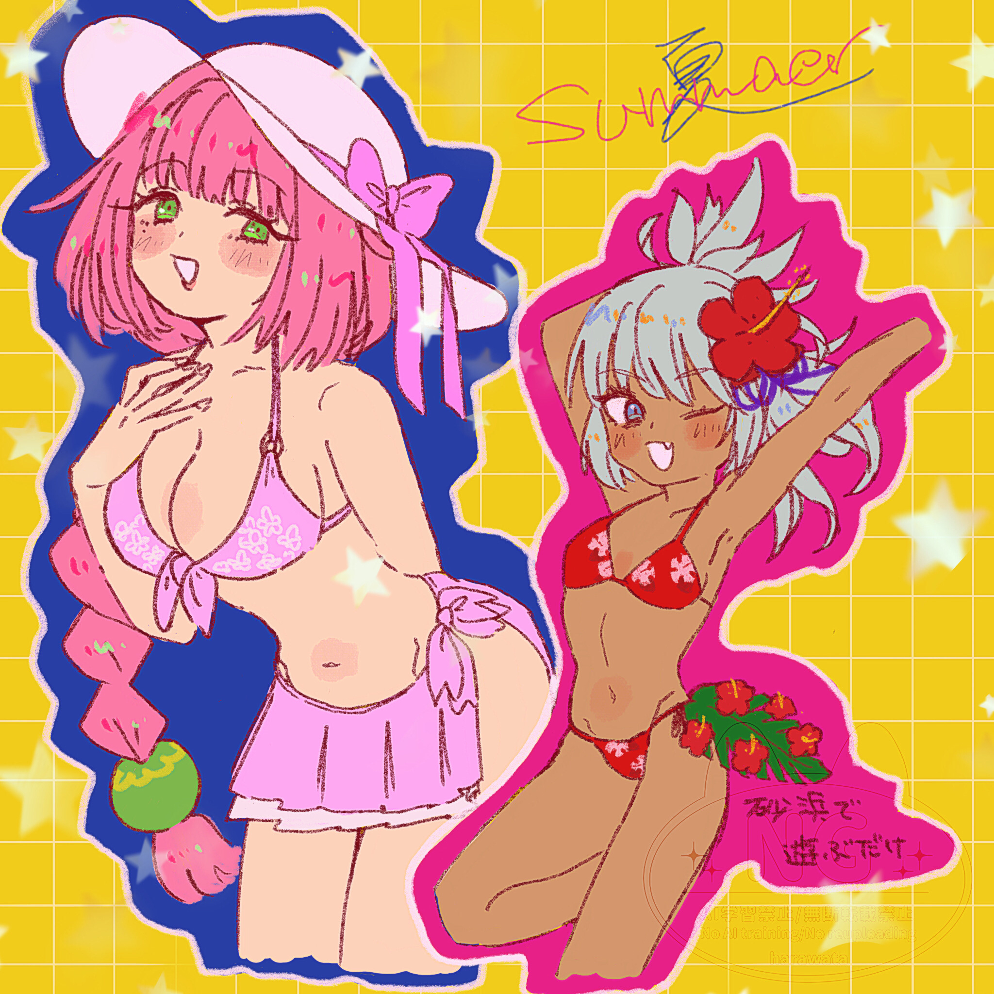 matsuri (rune factory), ulalaka, rune factory, rune factory: guardians of azuma, highres, 2girls, blue eyes, blue hair, breasts, flower, green eyes, hair flower, hair ornament, hibiscus, high ponytail, large breasts, looking at viewer, multiple girls, official alternate costume, pink hair, ponytail, red flower, tonoda (ss-24ki)