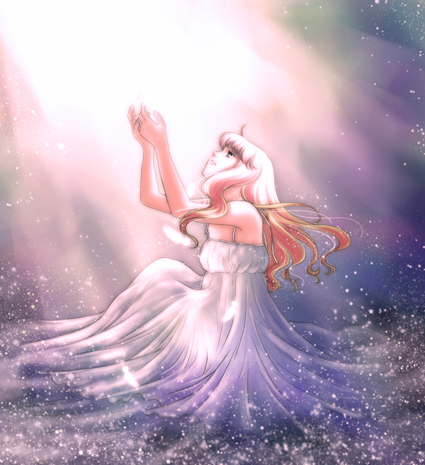 matsurica, sheryl nome, macross, macross frontier, 00s, 1girl, armpits, arms up, bare shoulders, blue eyes, dress, female focus, gown, light rays, pink hair, solo, sunlight, white dress