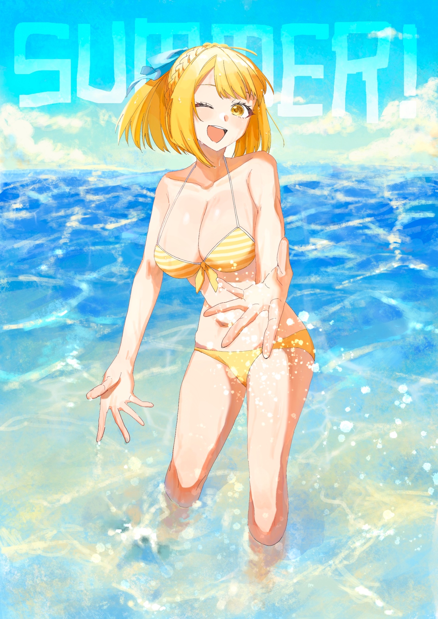 a mayonnaiseda, suo kazusa, nue no onmyouji, highres, 1girl, bikini, blonde hair, braid, crown braid, hair ribbon, in water, ocean, open mouth, ponytail, ribbon, short ponytail, smile, solo, splashing, standing, striped bikini, striped clothes, summer, swimsuit, water, yellow eyes