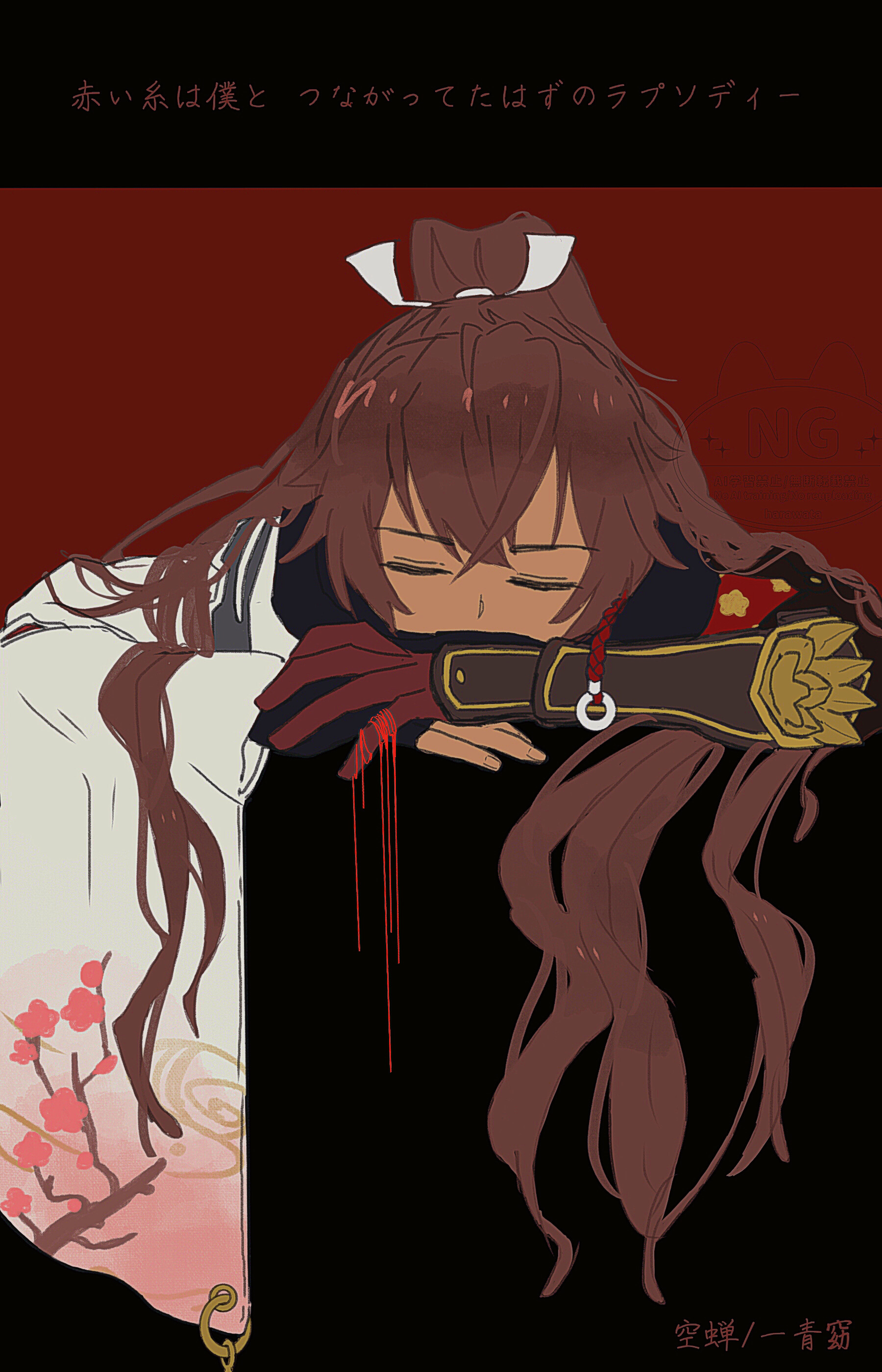 subaru (rune factory), rune factory, rune factory: guardians of azuma, absurdres, highres, 1boy, black scarf, brown hair, grey kimono, hair between eyes, japanese clothes, kimono, long hair, long sleeves, male focus, ponytail, scarf, sheep, tonoda (ss-24ki)