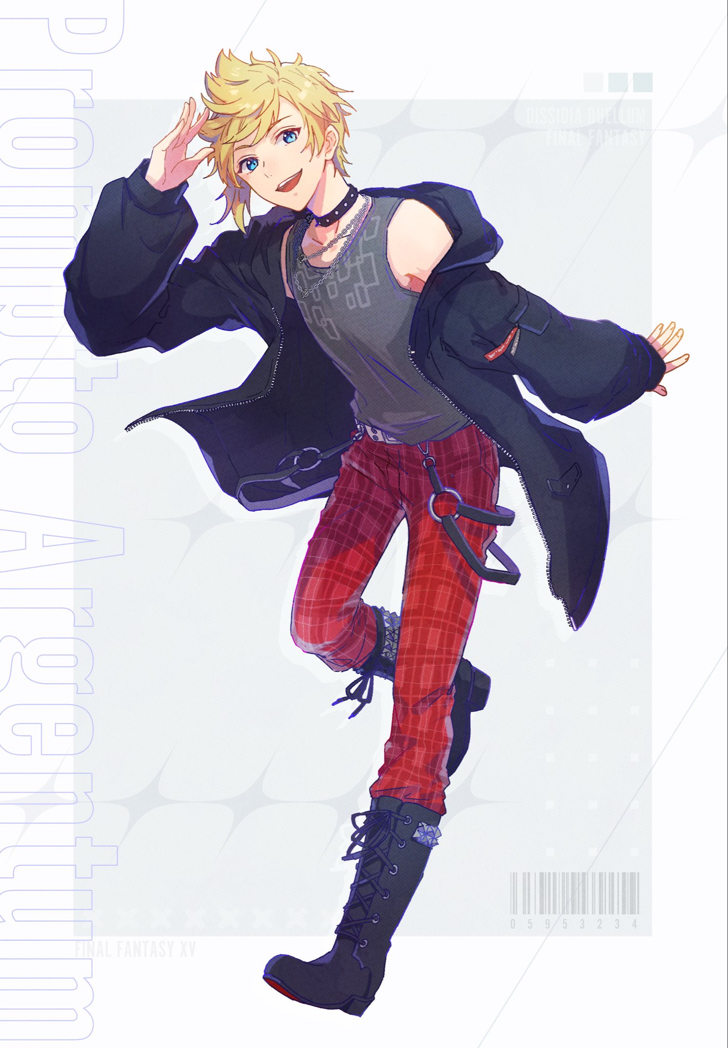 rayu, prompto argentum, dissidia duellum final fantasy, dissidia final fantasy, final fantasy, final fantasy xv, highres, 1boy, :d, bare shoulders, black boots, black jacket, blonde hair, blue eyes, boots, chain, chain necklace, character name, choker, copyright name, grey shirt, jacket, jewelry, leg up, looking at viewer, male focus, necklace, open mouth, pants, plaid clothes, plaid pants, red pants, shirt, short hair, sleeveless, sleeveless shirt, smile, solo, spiked choker, spikes, teeth, upper teeth only