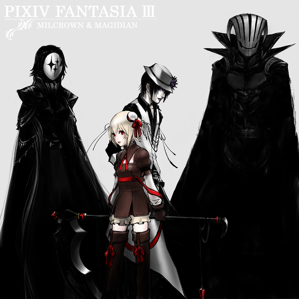 taka (frostbite), taka (pixiv23455), pixiv fantasia, pixiv fantasia 3, 1girl, 3boys, black hair, blonde hair, boots, cape, fedora, flower, gigandal federation, hair bun, hat, knee boots, mask, multiple boys, polearm, red eyes, ribbon, scythe, single hair bun, thighhighs, weapon