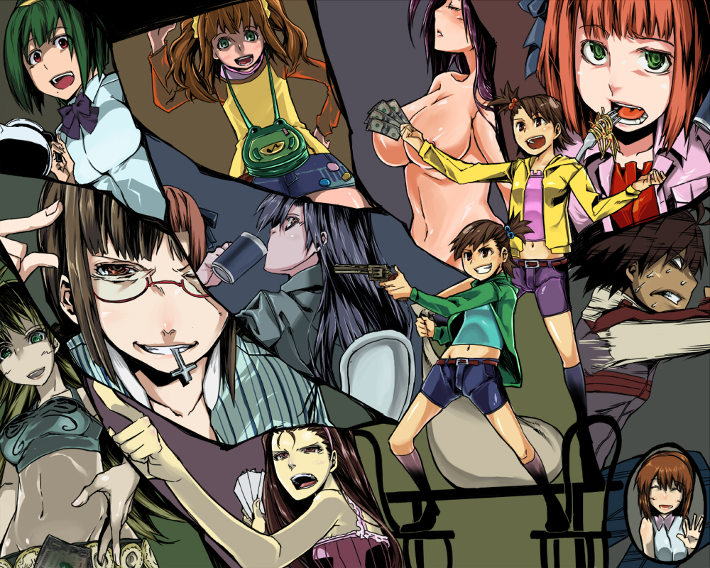 hujiya, akizuki ritsuko, amami haruka, futami ami, futami mami, hagiwara yukiho, hoshii miki, kikuchi makoto, kisaragi chihaya, minase iori, miura azusa, otonashi kotori, takatsuki yayoi, idolmaster, idolmaster (classic), idolmaster 1, 00s, 6+girls, belt, blunt bangs, breasts, censored, chair, coffee pot, convenient censoring, cross, eating, everyone, glasses, gun, large breasts, long hair, midriff, mole, mole under mouth, money, mouth hold, multiple girls, navel, nipple slip, nipples, red-framed eyewear, semi-rimless eyewear, short hair, siblings, side ponytail, sisters, standing, twins, twintails, under-rim eyewear, waving, weapon