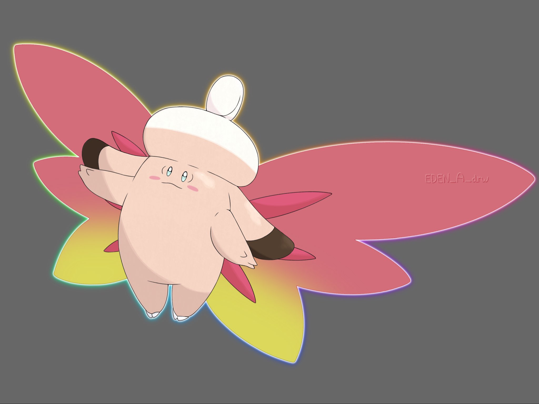 eden a drw, clefable, mega clefable, nintendo, pokemon, highres, alien, blue eyes, blush stickers, colored skin, curly hair, fairy, fairy wings, gen 1 pokemon, gradient wings, mega pokemon, mega stone, multicolored wings, pink skin, pokemon (creature), pokemon focus, smile, wings