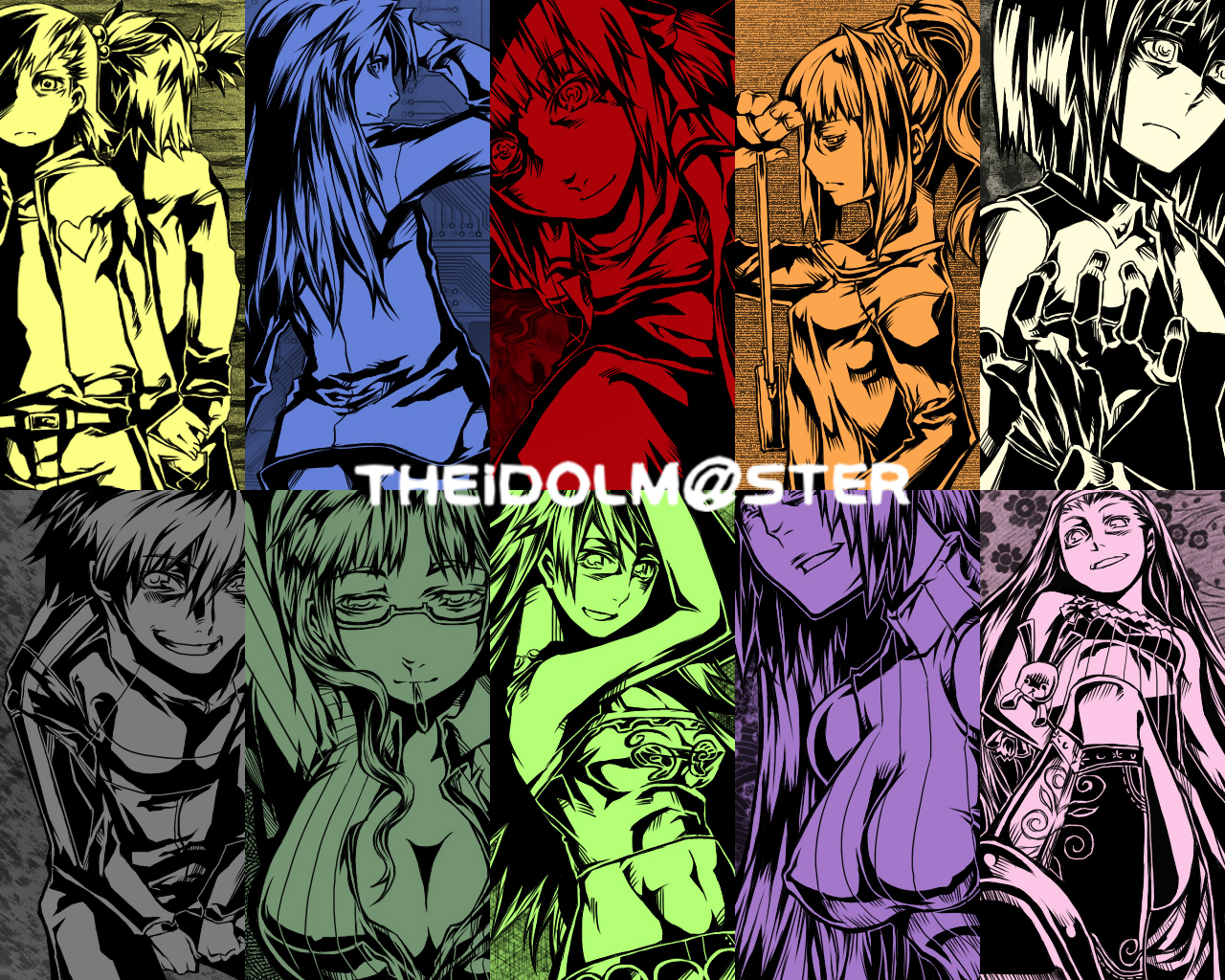 hujiya, akizuki ritsuko, amami haruka, futami ami, futami mami, hagiwara yukiho, hoshii miki, kikuchi makoto, kisaragi chihaya, minase iori, miura azusa, takatsuki yayoi, idolmaster, idolmaster (classic), idolmaster 1, 00s, 6+girls, breasts, cleavage, everyone, glasses, high contrast, large breasts, medium breasts, monochrome, multiple girls, multiple monochrome, siblings, sisters, twins, twintails