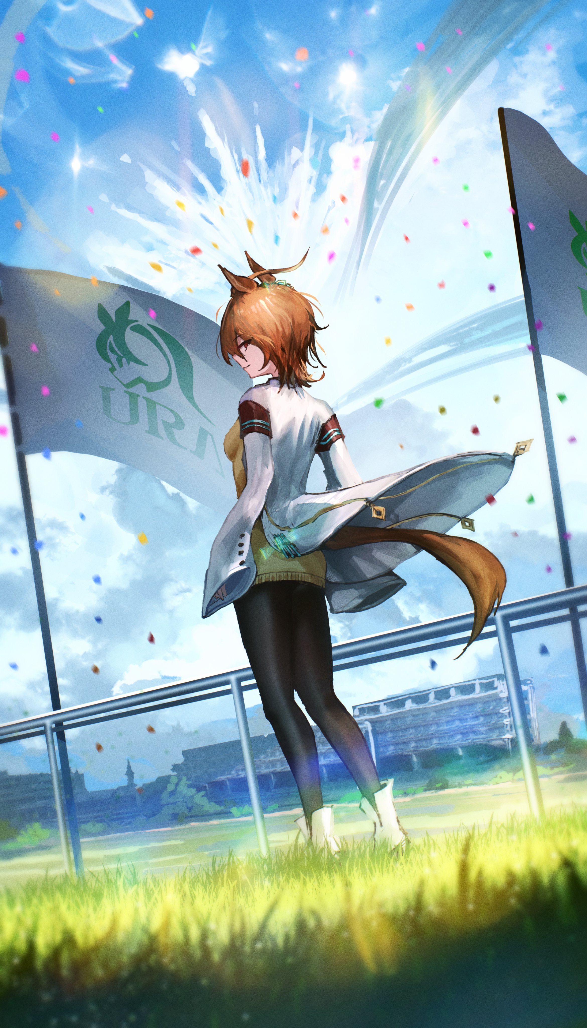 advarcher, agnes tachyon (tach-nology) (umamusume), agnes tachyon (umamusume), umamusume, absurdres, highres, 1girl, ahoge, animal ears, black pantyhose, blue sky, breasts, brown hair, closed mouth, cloud, coat, confetti, earrings, flag, hair between eyes, horse ears, horse girl, horse racing track, horse tail, huge ahoge, jewelry, lab coat, long sleeves, medium hair, outdoors, pantyhose, red eyes, shirt, shoes, single earring, sky, sleeves past fingers, sleeves past wrists, smile, solo, sweater, sweater vest, tail, white coat, yellow sweater, yellow sweater vest