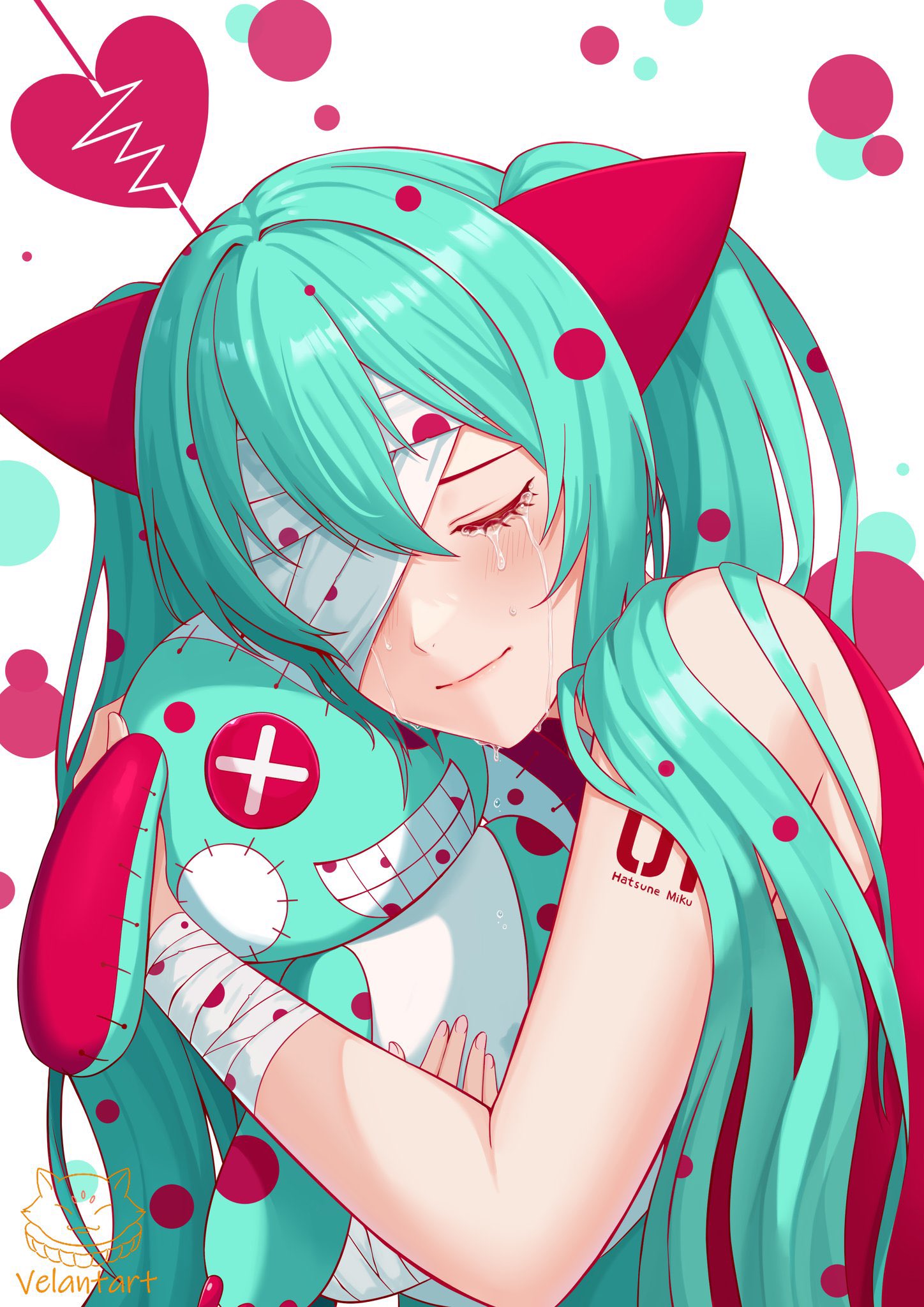 velantart, hatsune miku, tsumi to batsu (vocaloid), vocaloid, highres, non-web source, 1girl, animal ears, aqua hair, artist name, bandage over one eye, bandages, cat ears, character name, crying, eyelashes, eyepatch, fake animal ears, light smile, long hair, number tattoo, solo, stuffed animal, stuffed toy, tattoo, twintails, very long hair, white background