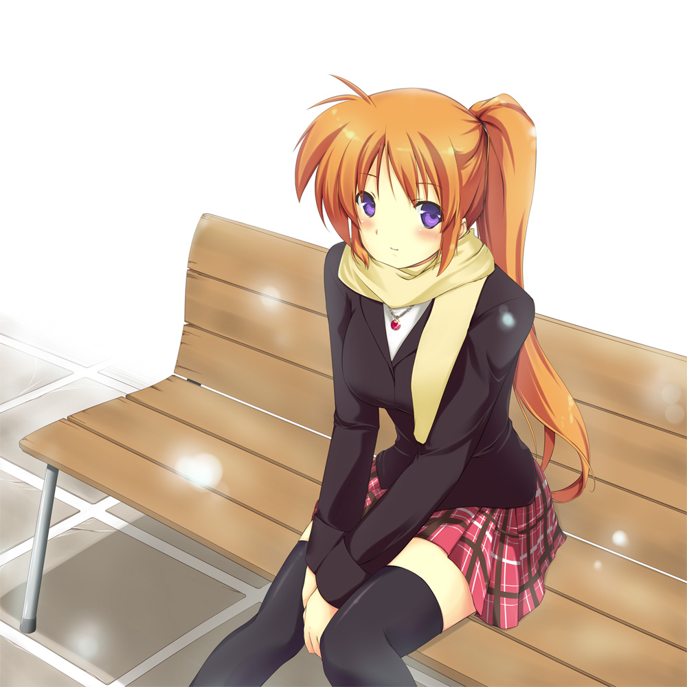 aito (indigorabbit), raising heart, raising heart (standby mode), takamachi nanoha, lyrical nanoha, mahou shoujo lyrical nanoha, mahou shoujo lyrical nanoha strikers, 00s, 1girl, bench, blue eyes, blush, casual, female focus, jewelry, long hair, necklace, orange hair, plaid clothes, plaid skirt, ponytail, purple eyes, red hair, scarf, side ponytail, sitting, skirt, solo, thighhighs, zettai ryouiki