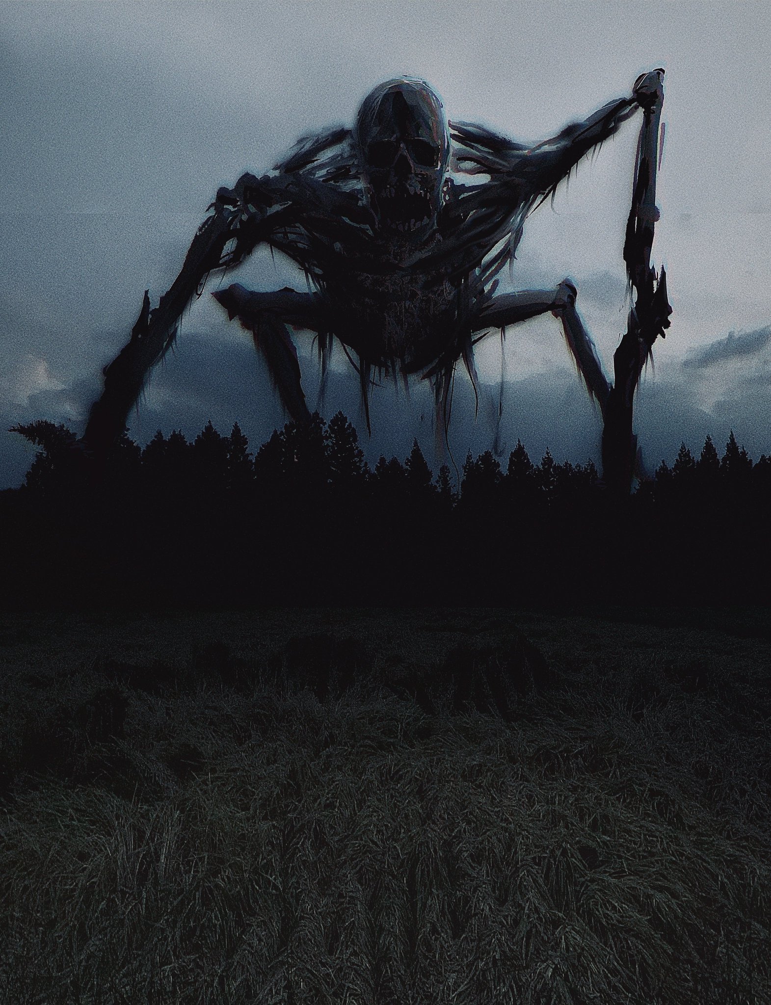 kakesoba, original, highres, all fours, cloud, cloudy sky, day, field, forest, giant, giant monster, grey sky, horror (theme), looking at viewer, monster, nature, no humans, outdoors, skeleton, sky