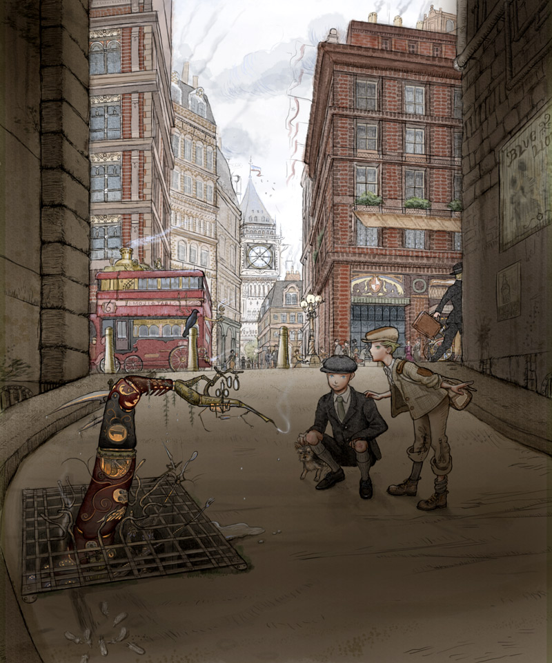 mushiyoshi, vehicle, 2boys, bird, bus, child, city, cowboy western, dog, double-decker bus, flag, hat, london, male focus, motor vehicle, multiple boys, outdoors, road, sewer, sky, smoke, steampunk, street, vanishing point