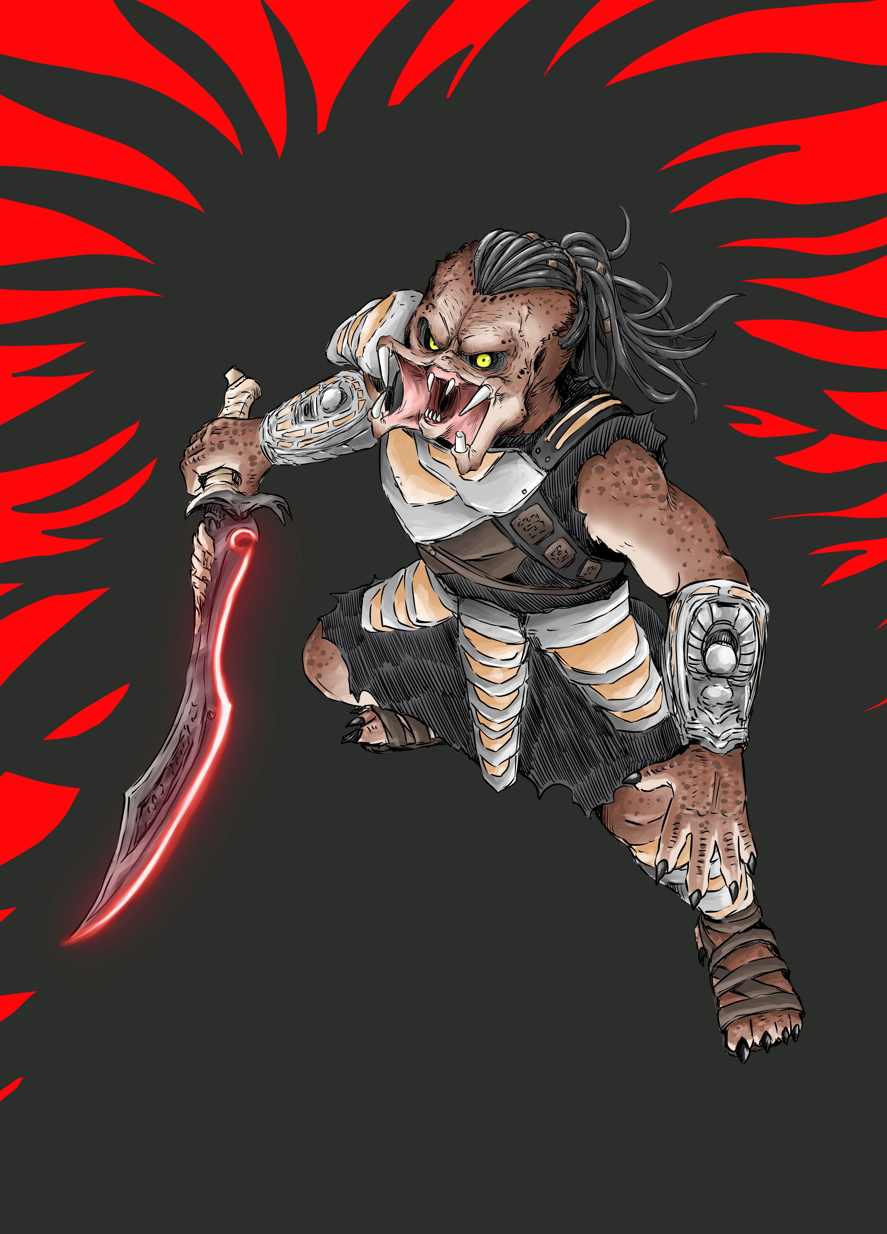 kinoshita itaru, predator (character), predator (series), absurdres, highres, official art, 1boy, alien, armor, dek (predator), dreadlocks, fingernails, gauntlets, glowing, glowing sword, glowing weapon, holding, holding sword, holding weapon, jaw, loincloth, mandibles, monster, open mouth, pauldrons, predator: badlands, sharp fingernails, shoulder armor, sword, weapon