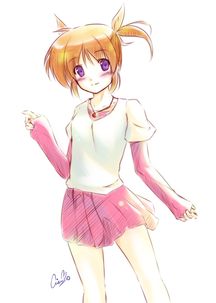 aito (indigorabbit), takamachi nanoha, lyrical nanoha, mahou shoujo lyrical nanoha, mahou shoujo lyrical nanoha a's, 00s, blush, casual, purple eyes, short twintails, solo, twintails
