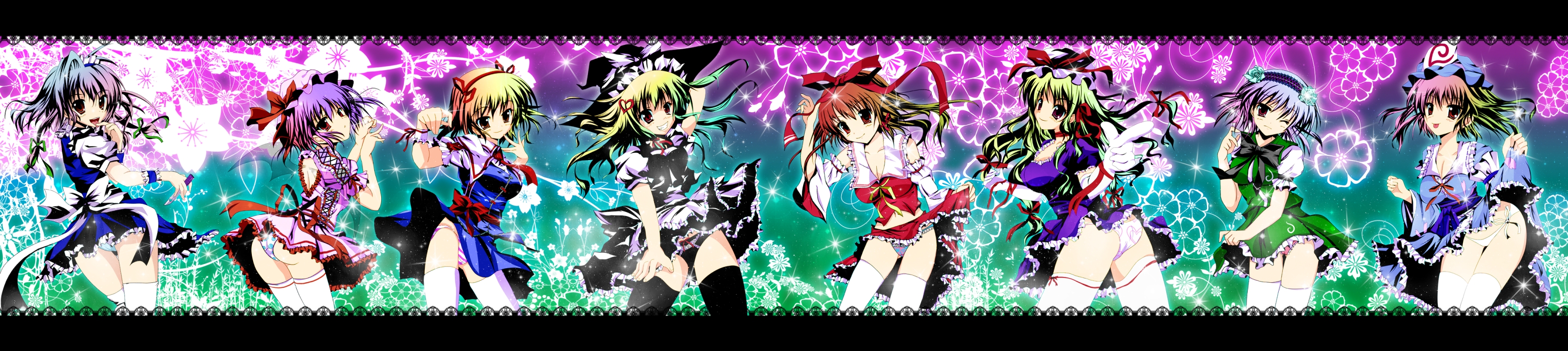 lastlong, alice margatroid, hakurei reimu, izayoi sakuya, konpaku youmu, remilia scarlet, saigyouji yuyuko, yakumo yukari, touhou, absurdres, highres, long image, wide image, 6+girls, ass, breasts, dress, female focus, flower, gradient background, hat, multiple girls, panties, plant, skirt, thighhighs, underwear