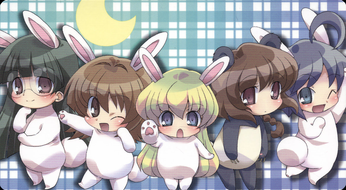 ichijou, katagiri himeko, momose kurumi, rebecca miyamoto, tachibana rei, pani poni dash!, anime screenshot, 00s, 5girls, animal costume, animal ears, blonde hair, blush, chibi, child, costume, crescent, glasses, green hair, multiple girls, odd one out, one eye closed, panda, plaid background, rabbit, rabbit costume, smile